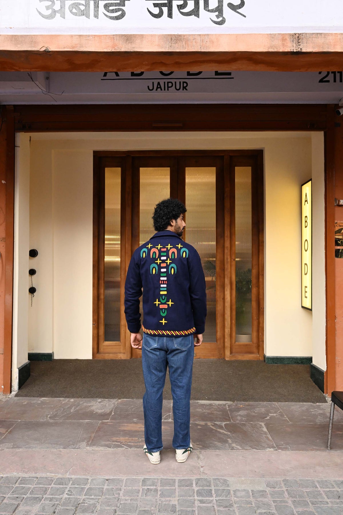 Navy Embroidered Felt Jacket with Firework Design