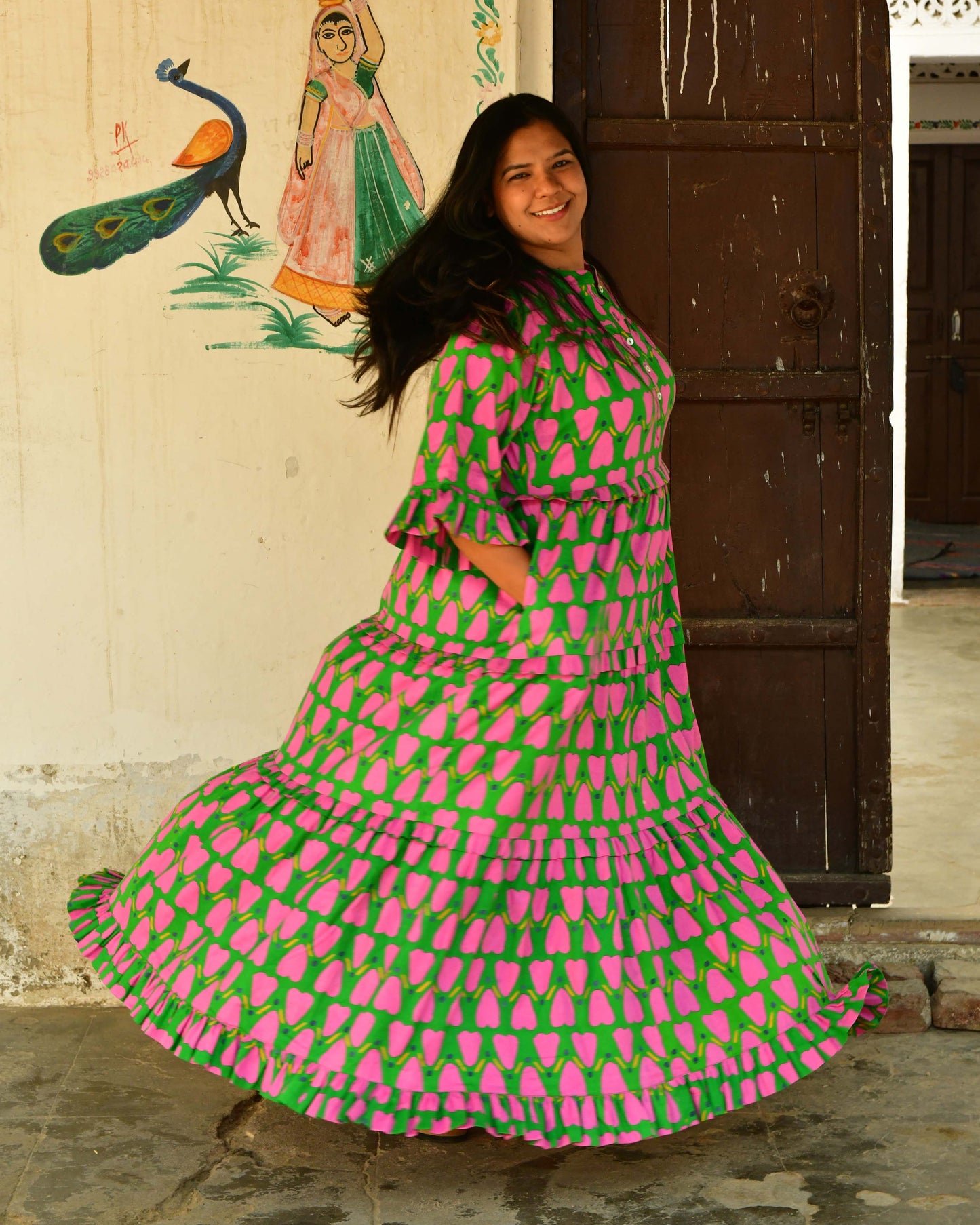 Frida Dress in 'Green Honey Heart'