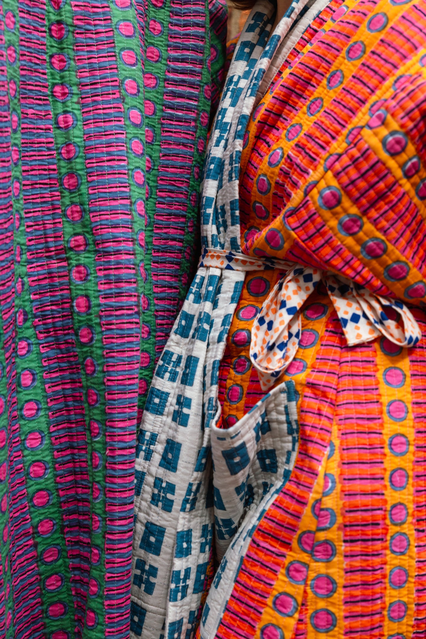 block printed fabric, indian blockprinting, housecoat, padded robe, dressing gown, colourful dressing gown, padded dressing gown, patchwork dressing gown, quilted robe, quilted dressing gown
