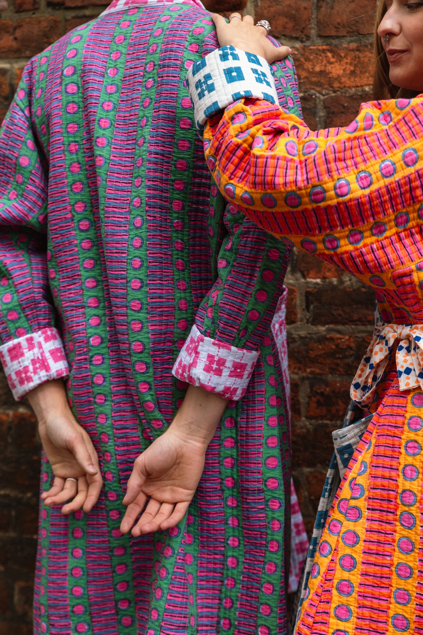 block printed fabric, indian blockprinting, housecoat, padded robe, dressing gown, colourful dressing gown, padded dressing gown, patchwork dressing gown, quilted robe, quilted dressing gown