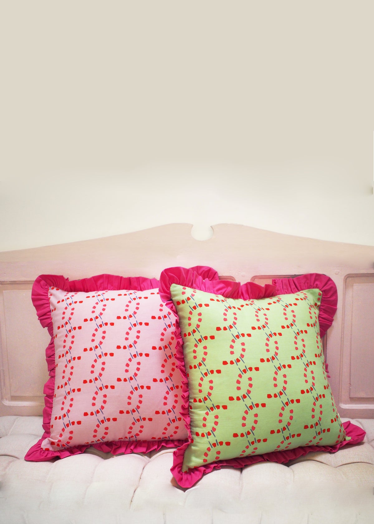 Reversible Cushion Cover 45cm x 45cm 'Green & Pink Chain Stitch'
