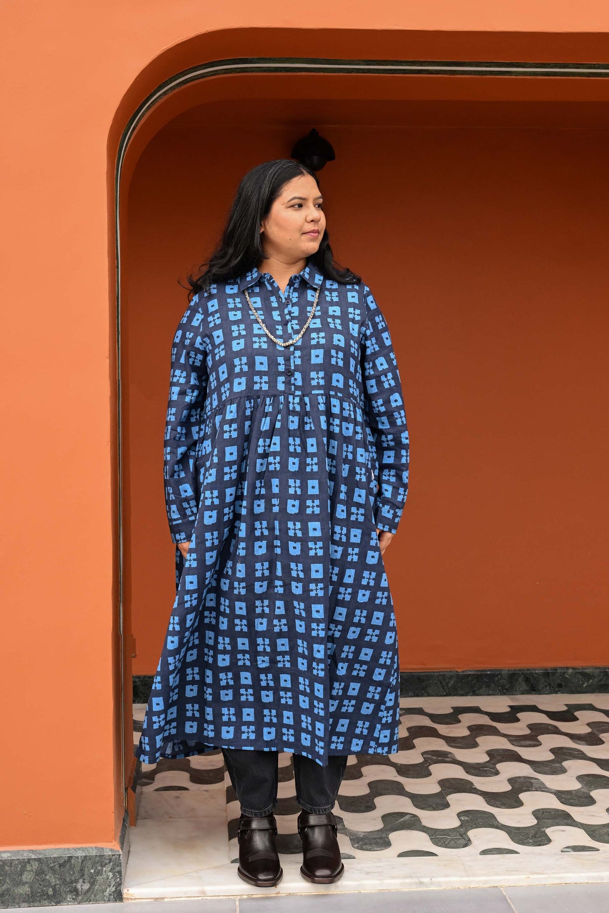Jessie Dress in 'Indigo Chess Set'