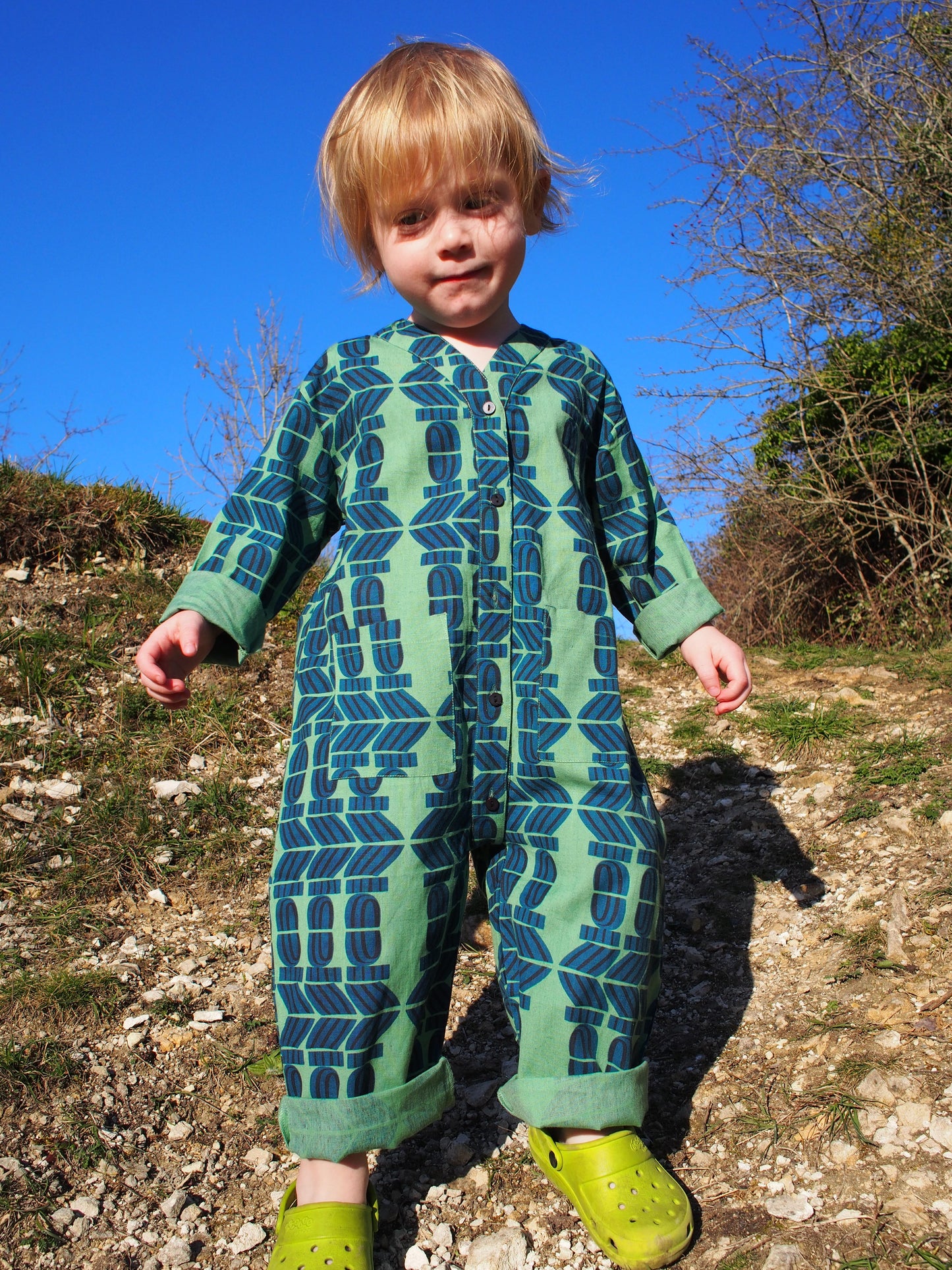 Kid's Playsuit in 'Green Flamingo Splits'