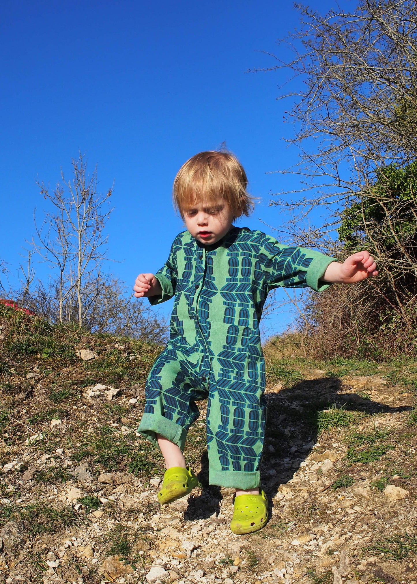 Kid's Playsuit in 'Green Flamingo Splits'