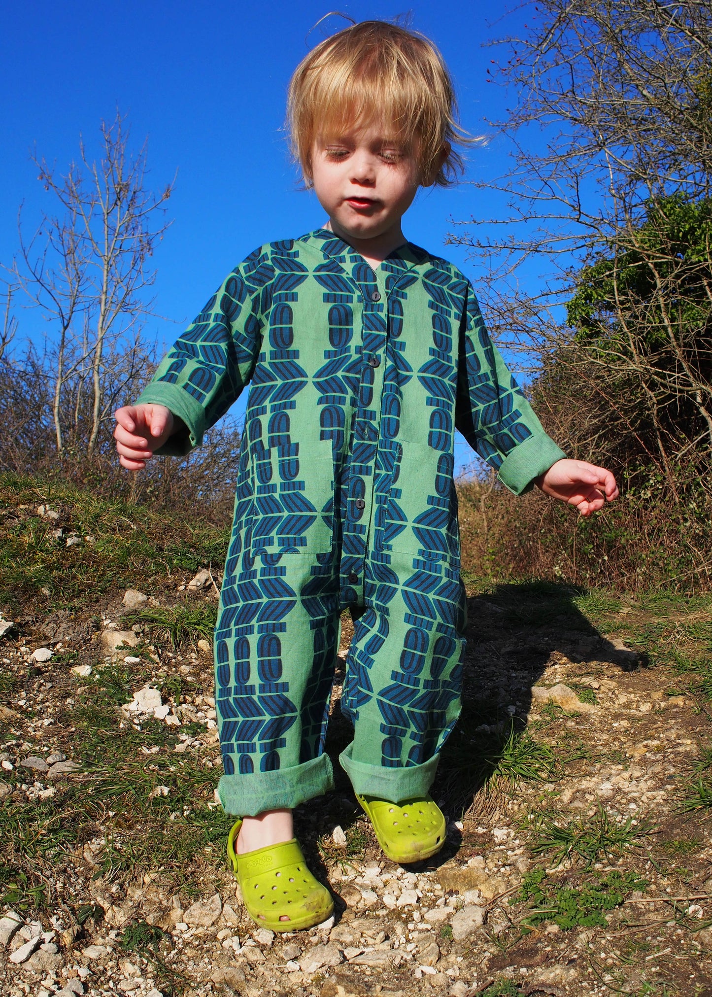 Kid's Playsuit in 'Green Flamingo Splits'