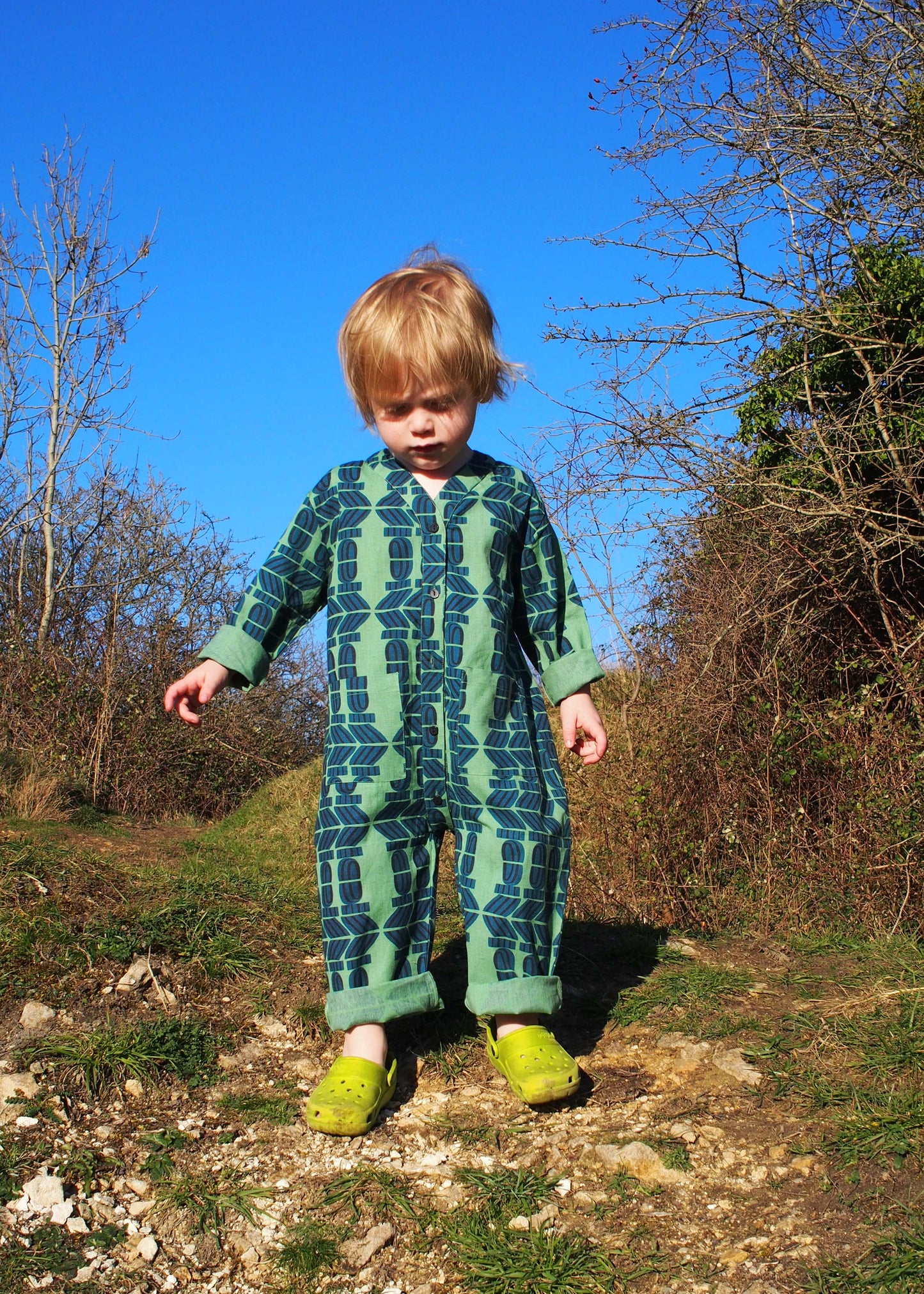 Kid's Playsuit in 'Green Flamingo Splits'