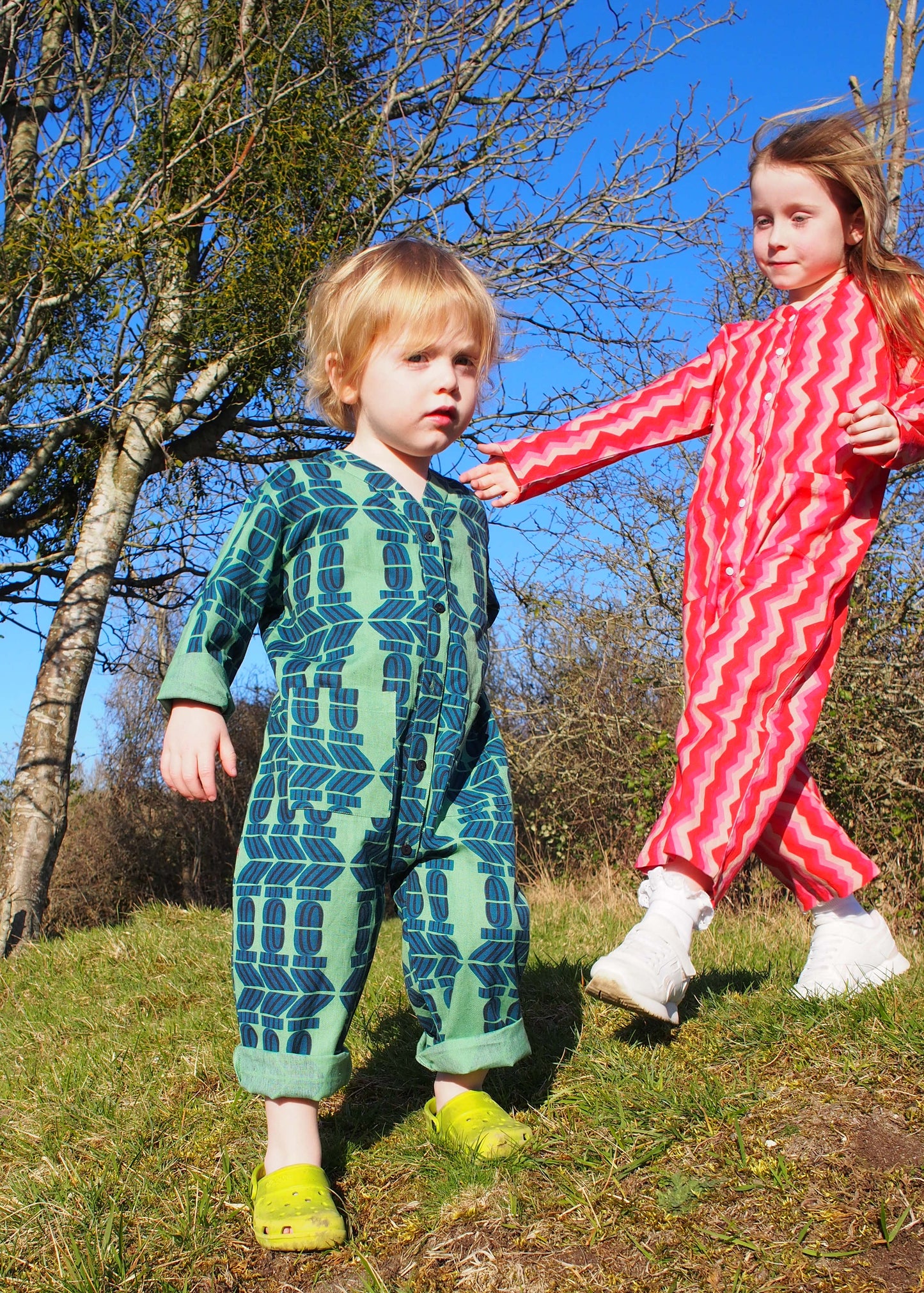 Kid's Playsuit in 'Green Flamingo Splits'