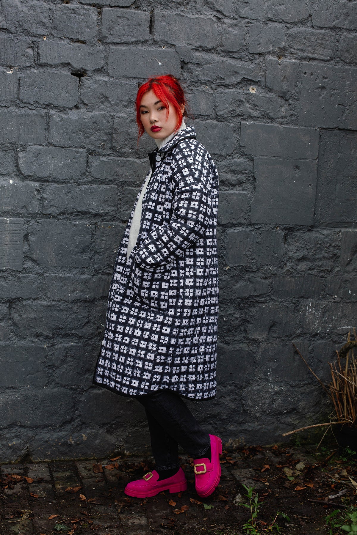 Long Quilted Overcoat in 'Chess Set'