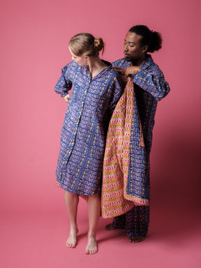 Unisex Quilted Housecoat in 'Navy Skydive' & 'Dawn Dancer'