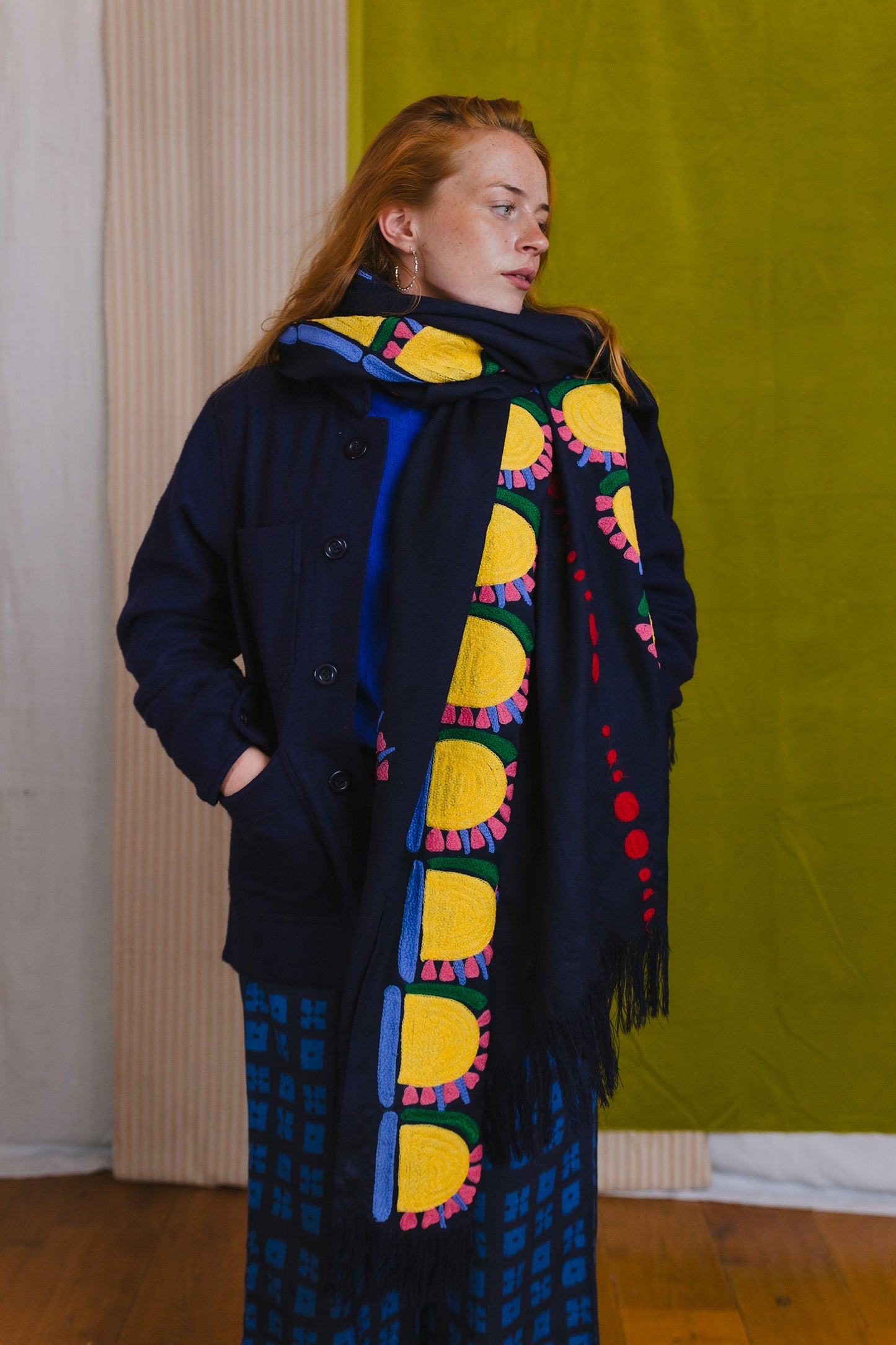 Wool Shawl in 'Navy Sunflower'