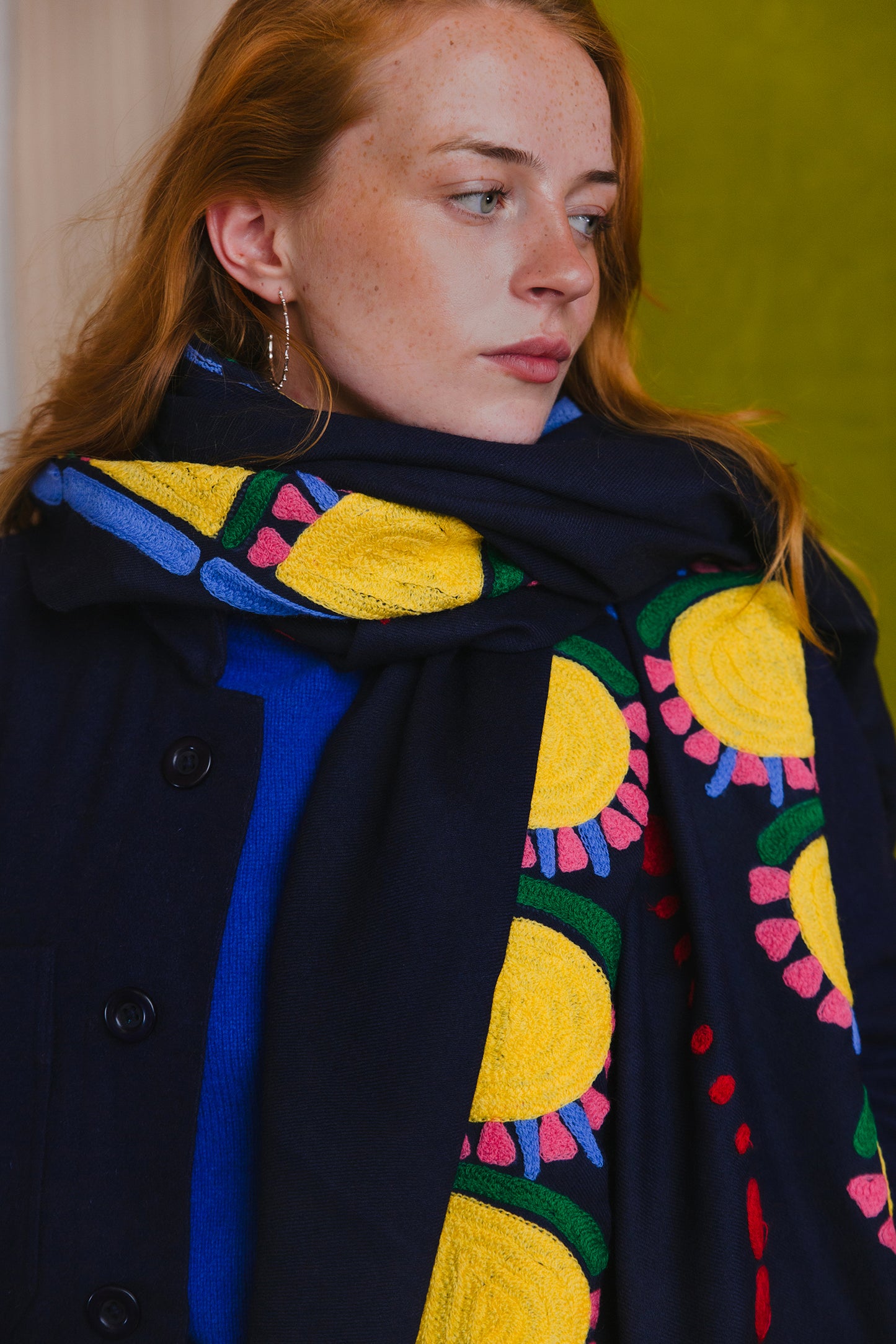 Wool Shawl in 'Navy Sunflower'