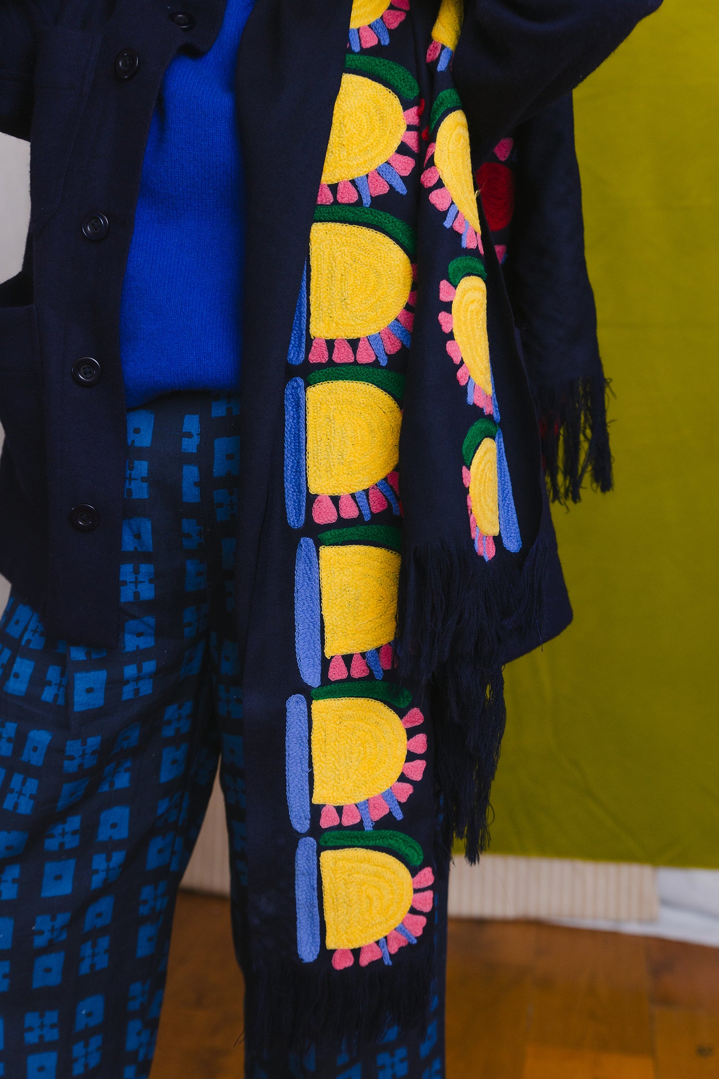 Wool Shawl in 'Navy Sunflower'