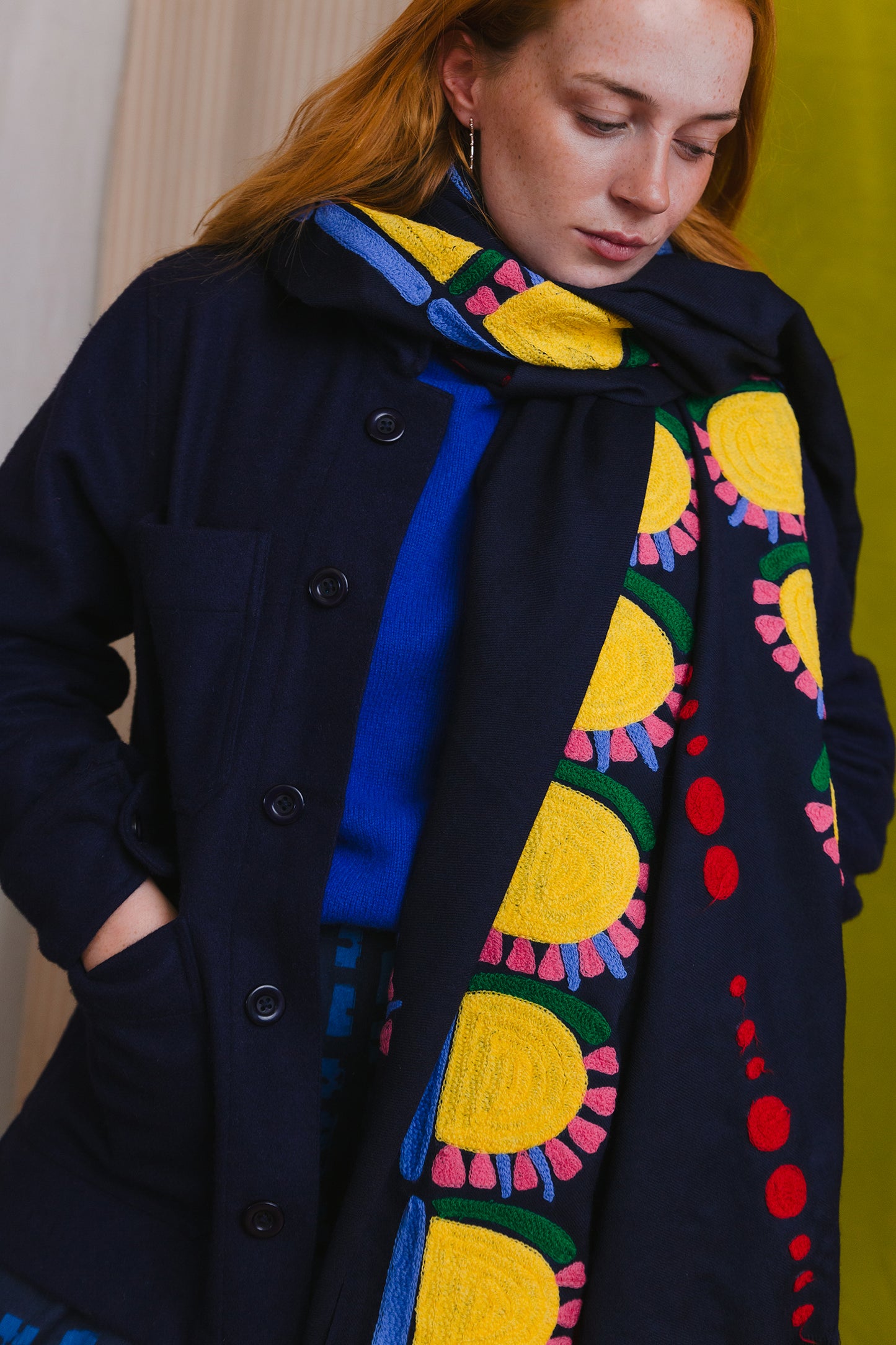 Wool Shawl in 'Navy Sunflower'