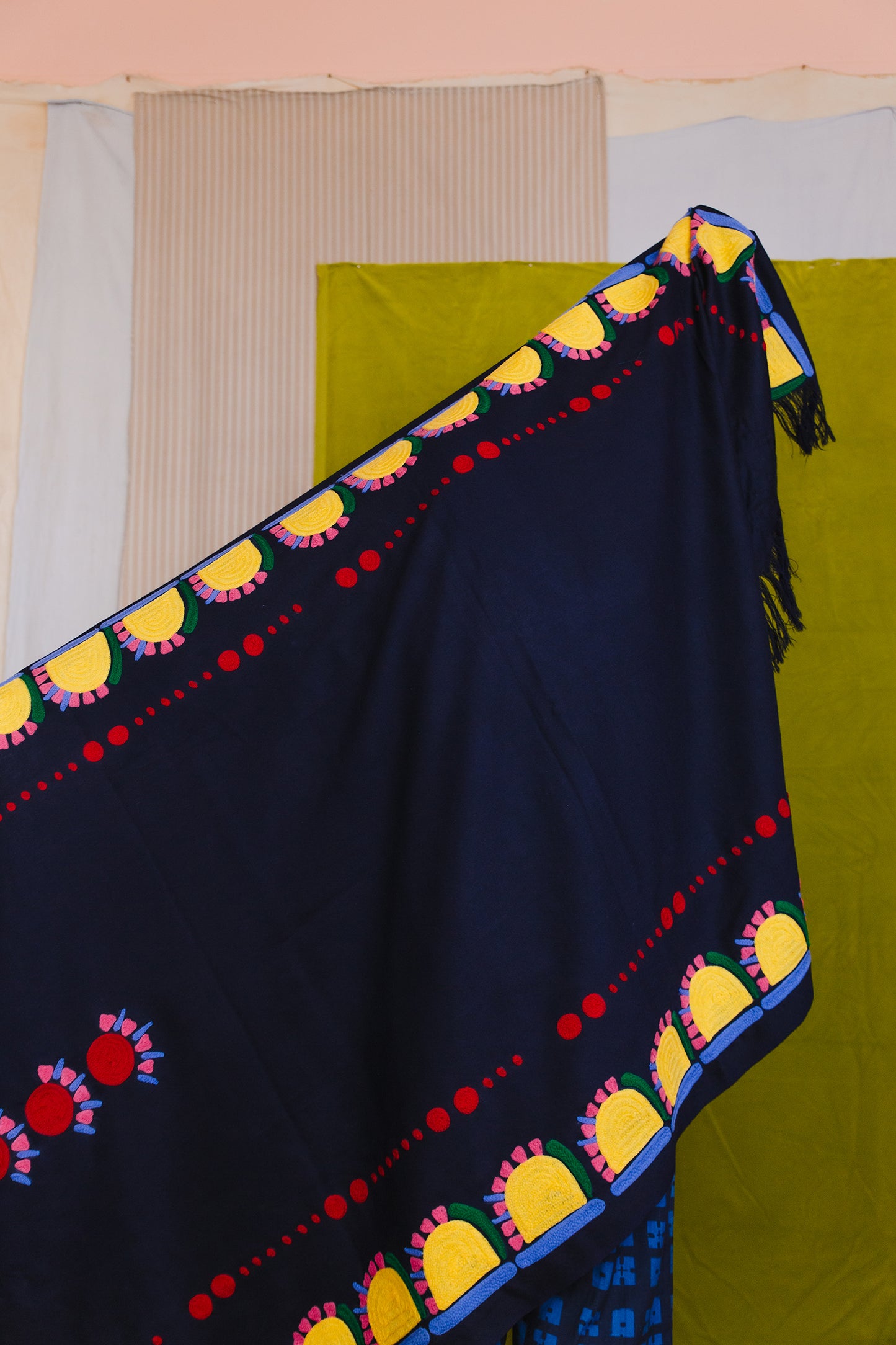 Wool Shawl in 'Navy Sunflower'