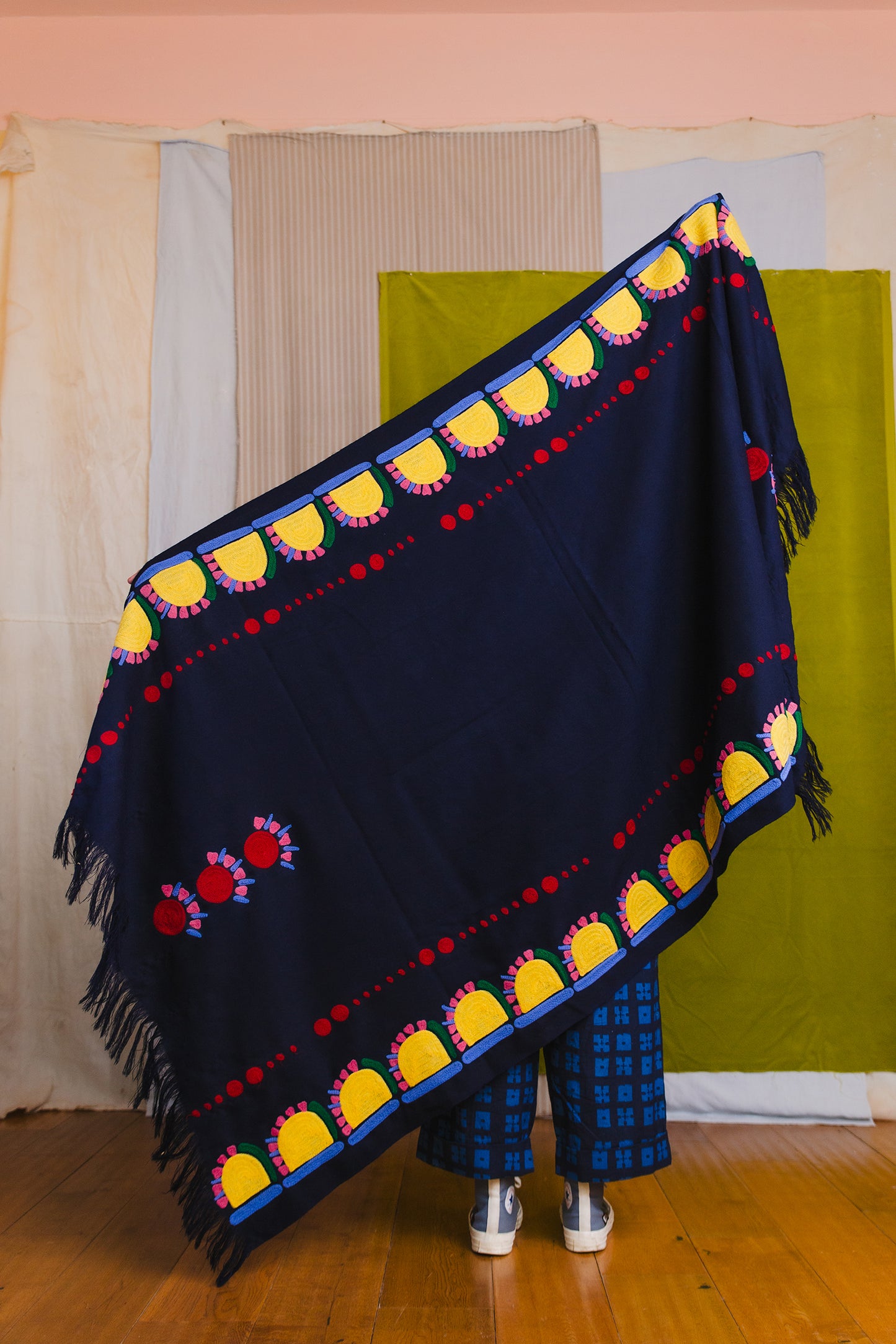 Wool Shawl in 'Navy Sunflower'