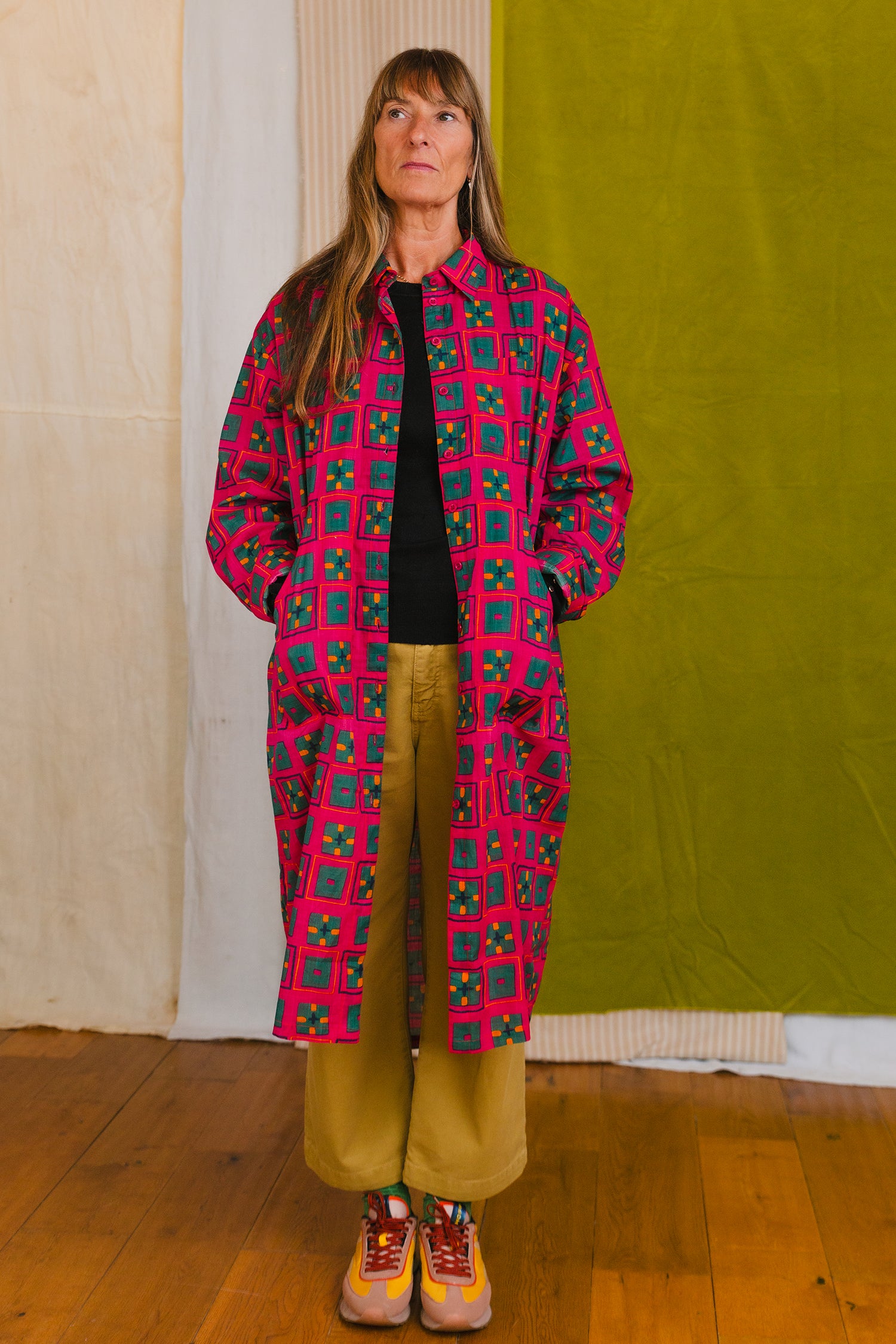 Cotton midi-length nightshirt button front patch pockets classic shirt collar sustainable fashion made in india