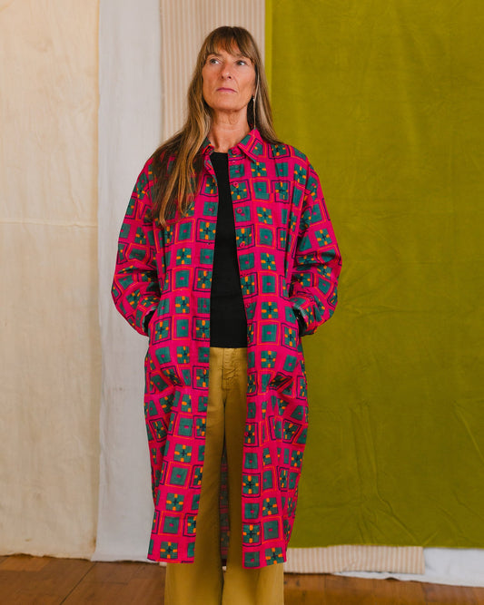 Cotton midi-length nightshirt button front patch pockets classic shirt collar sustainable fashion made in india