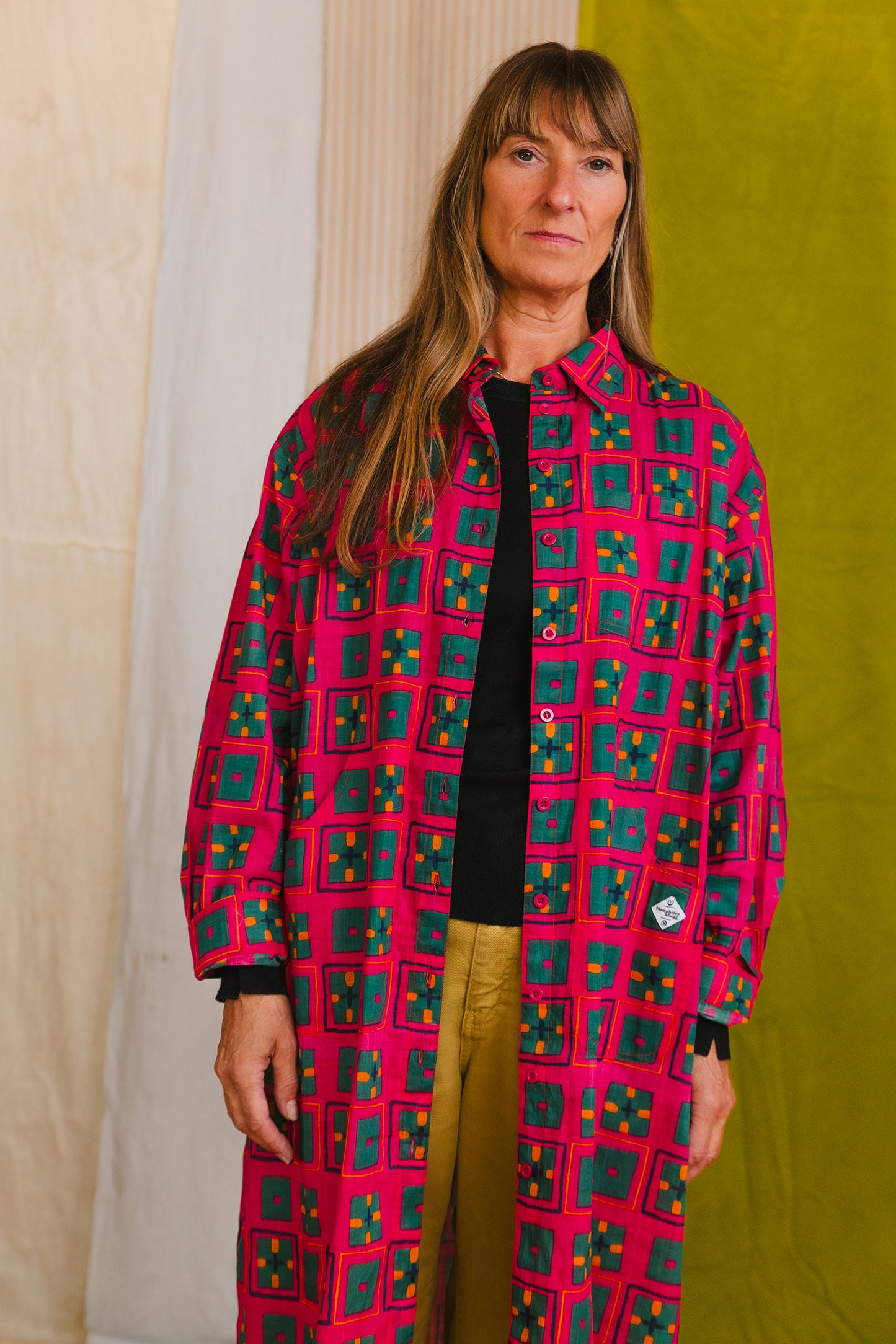 Cotton midi-length nightshirt button front patch pockets classic shirt collar sustainable fashion made in india