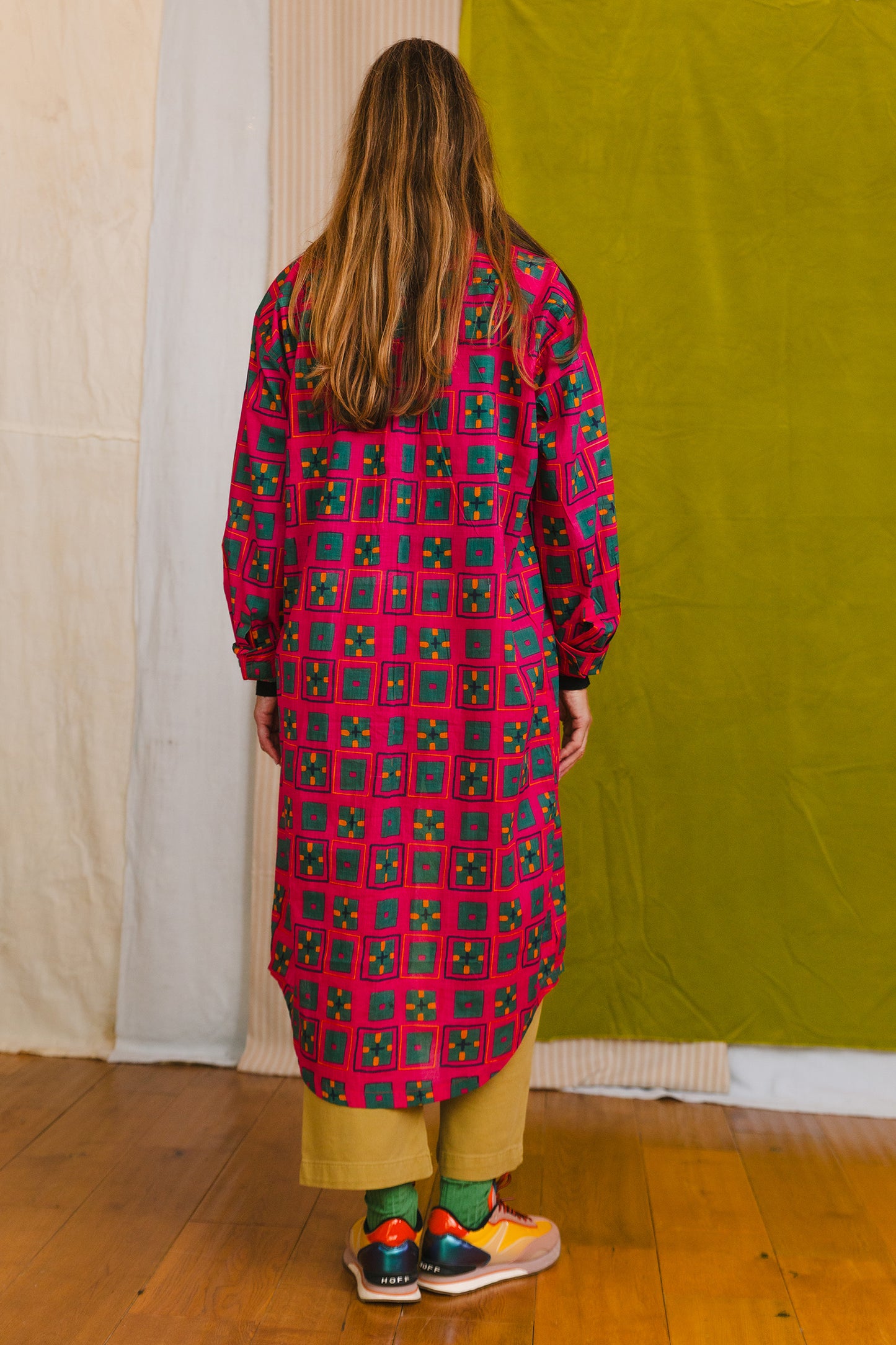 Cotton midi-length nightshirt button front patch pockets classic shirt collar sustainable fashion made in india