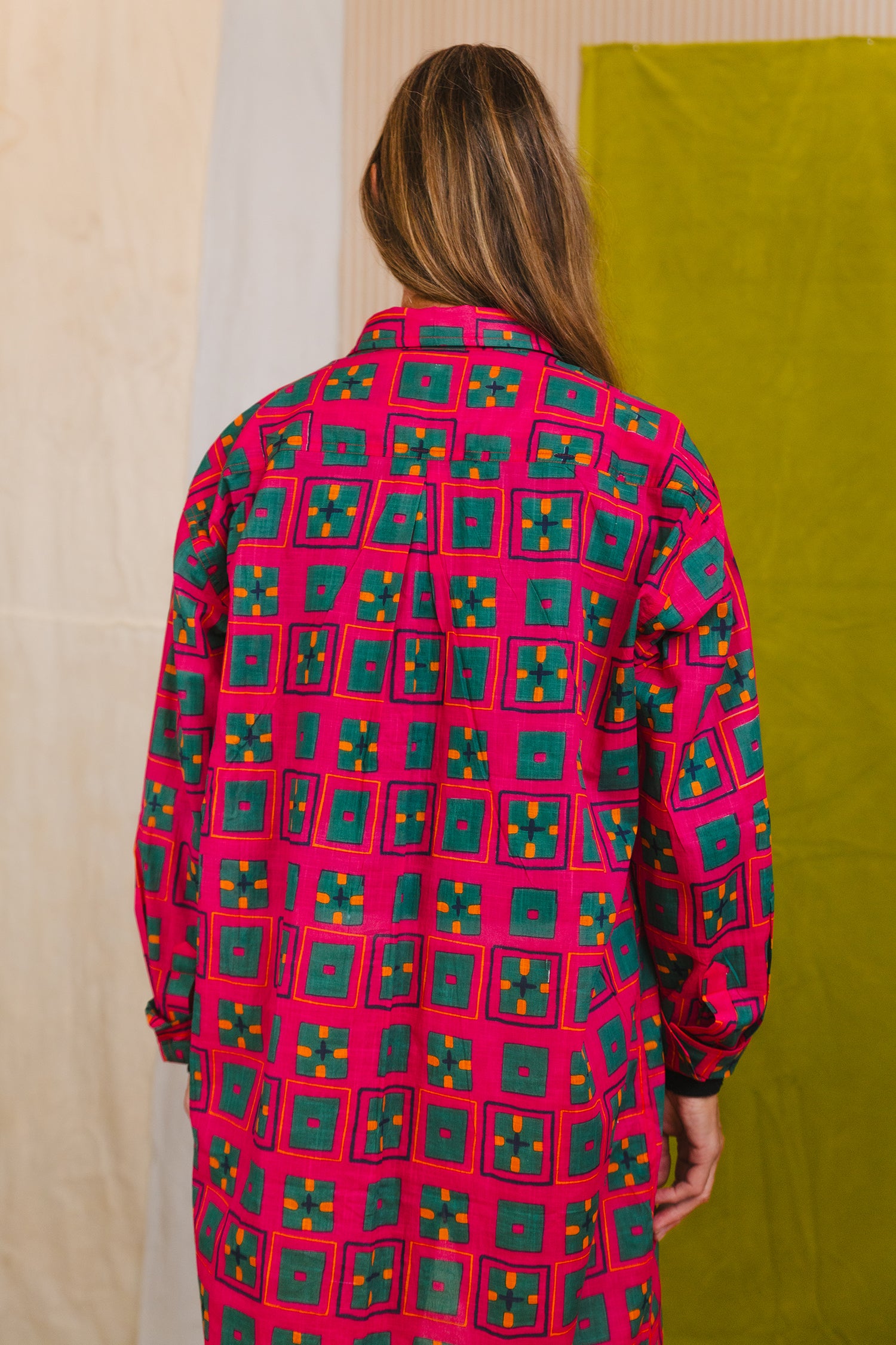 Cotton midi-length nightshirt button front patch pockets classic shirt collar sustainable fashion made in india