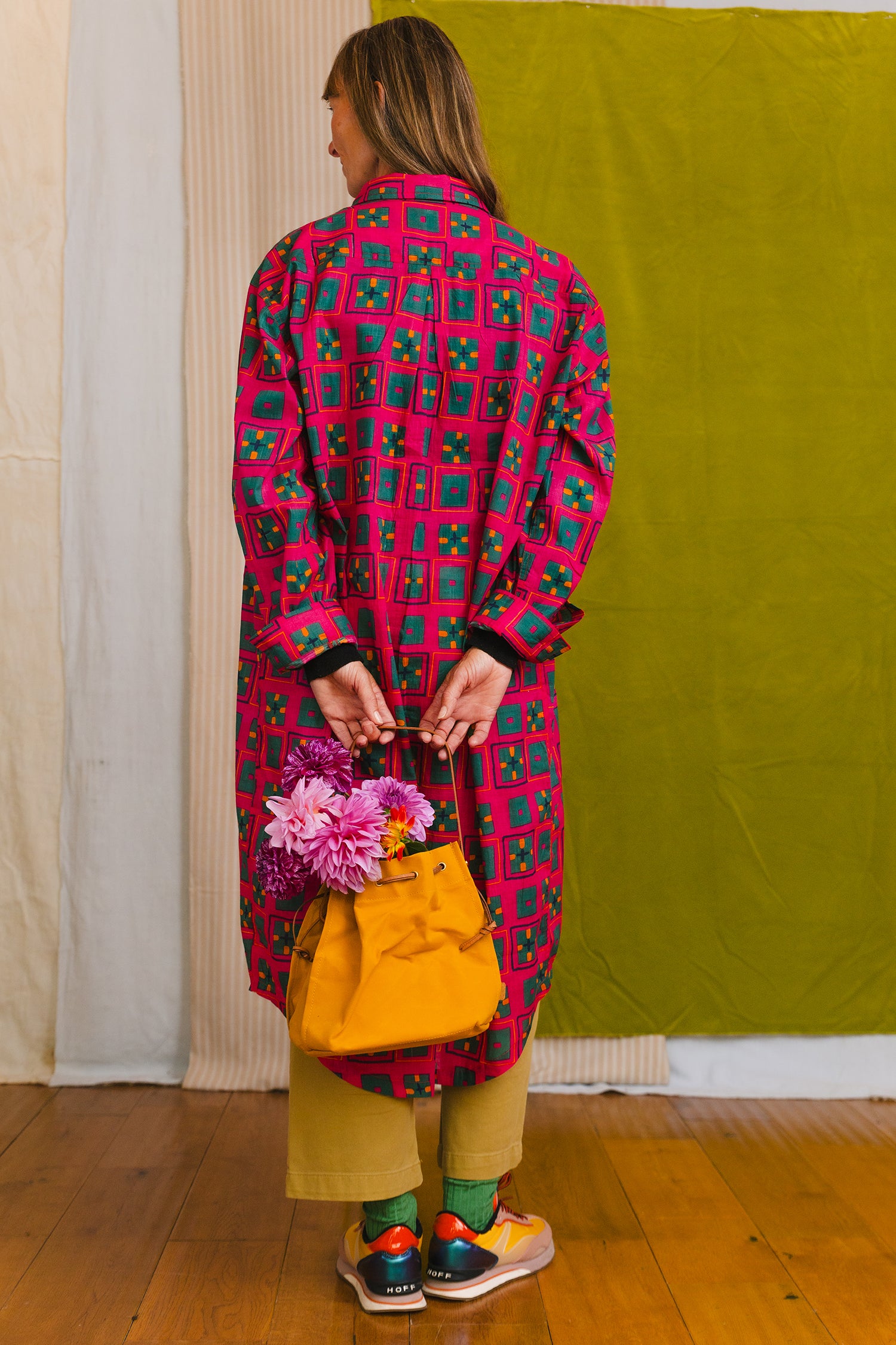 Cotton midi-length nightshirt button front patch pockets classic shirt collar sustainable fashion made in india