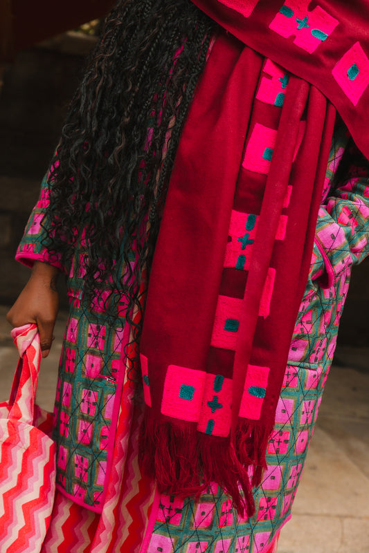 Wool Shawl in 'Burgundy Check'