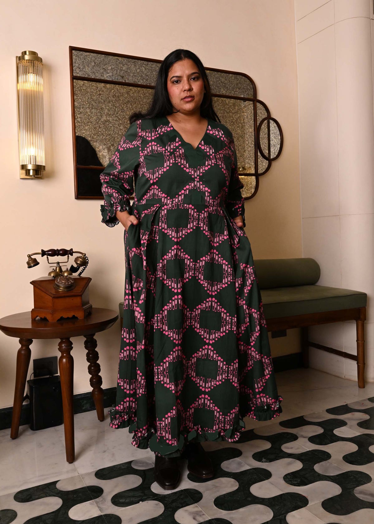 Party Lydia Dress in 'Dashing Diamond on Green'