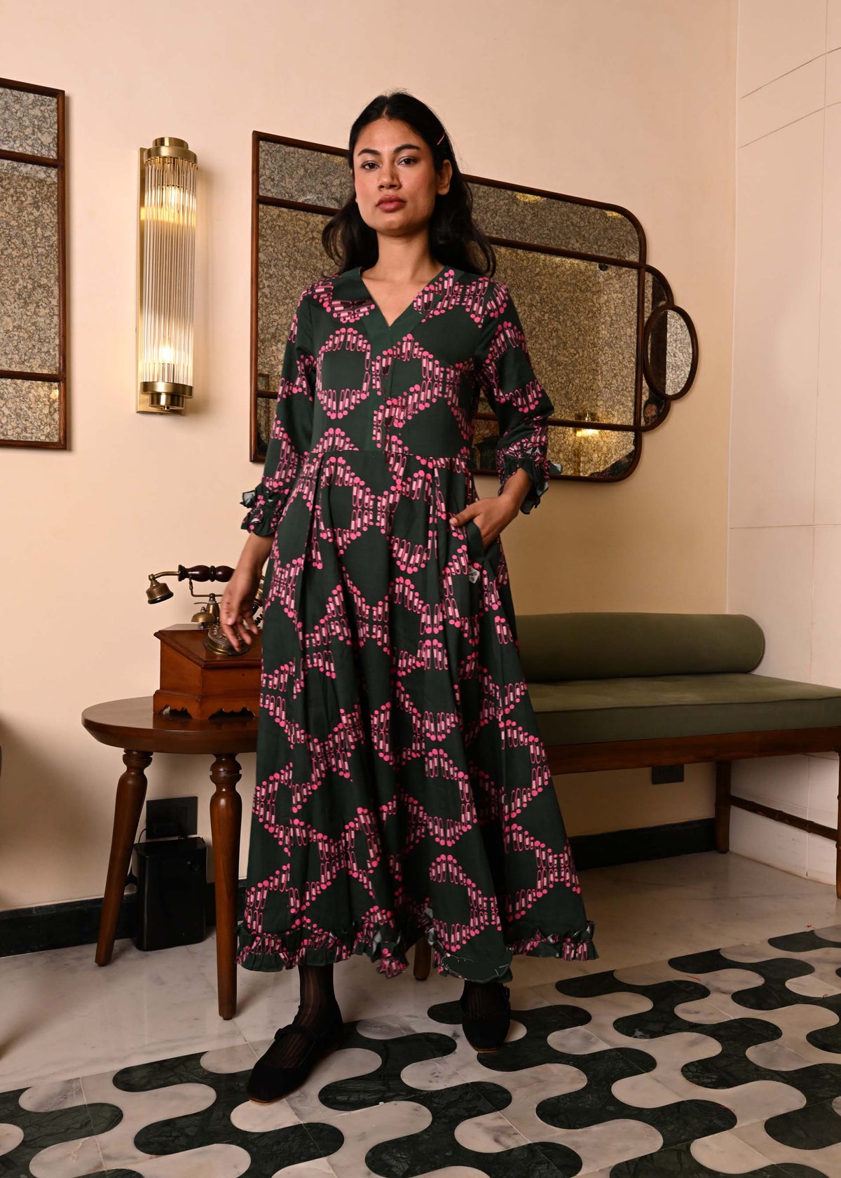 Party Lydia Dress in 'Dashing Diamond on Green'