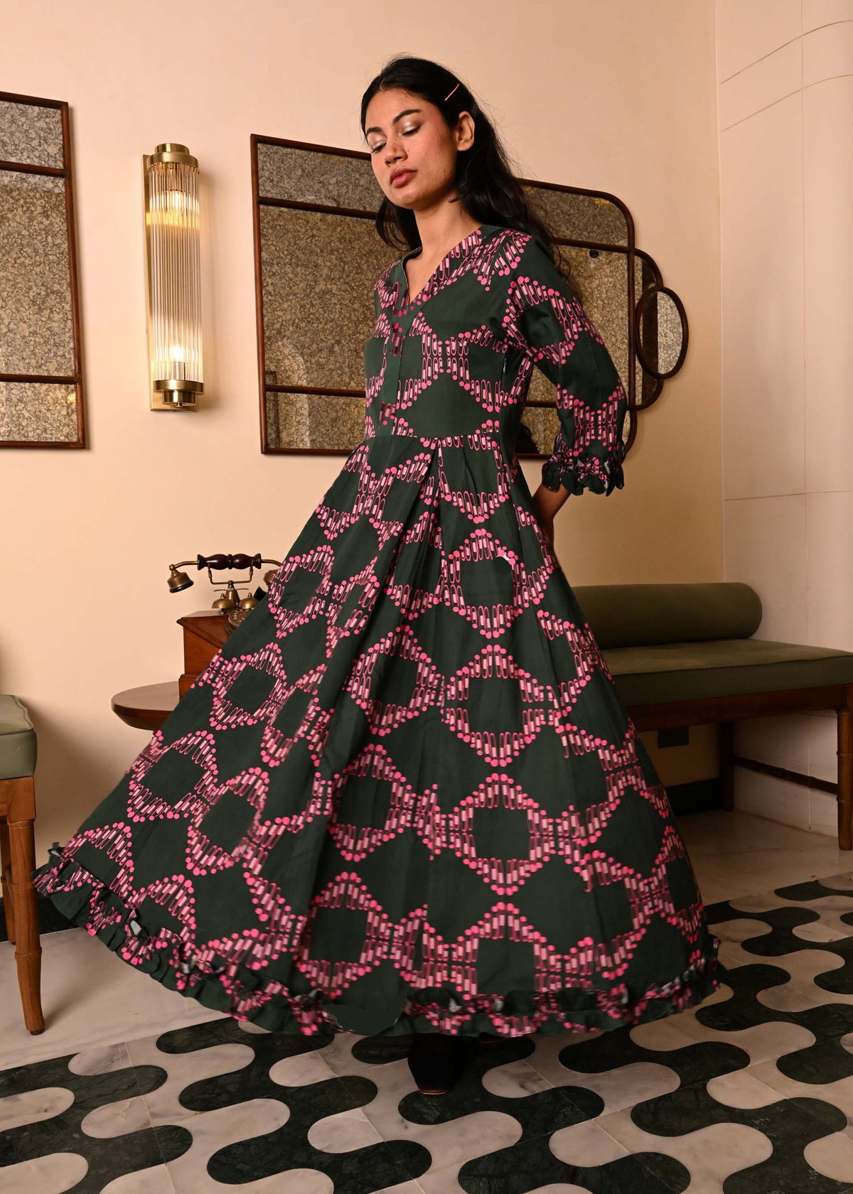 Party Lydia Dress in 'Dashing Diamond on Green'