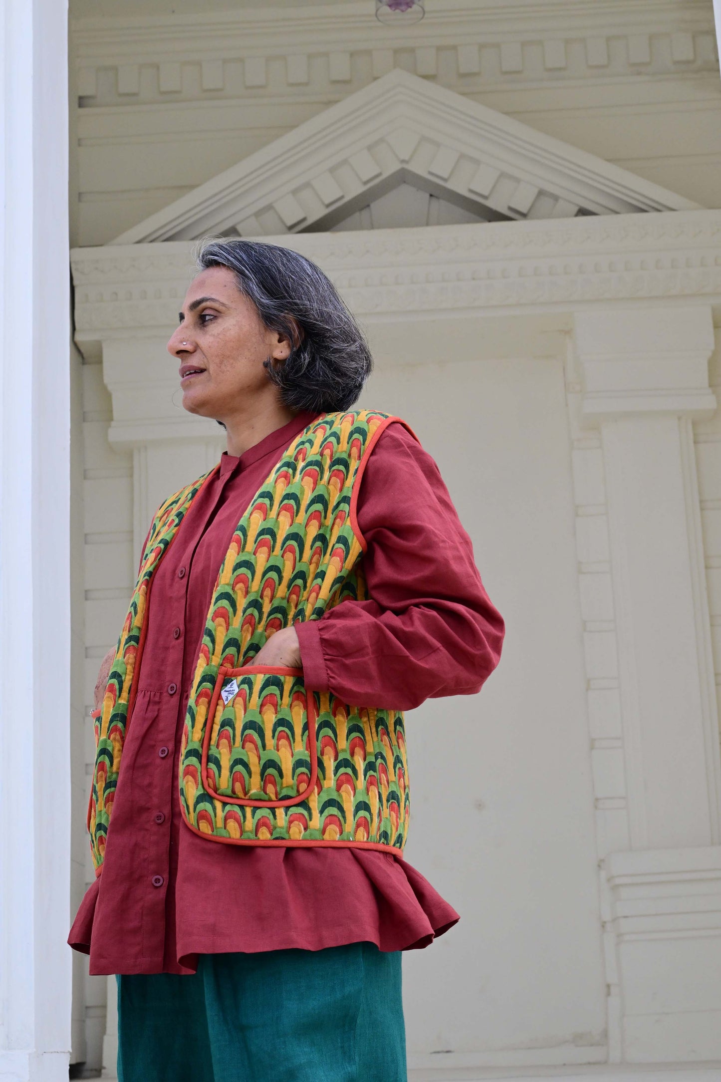 Quilted Reversible Waistcoat in 'Peacock Fan' & 'Rust'