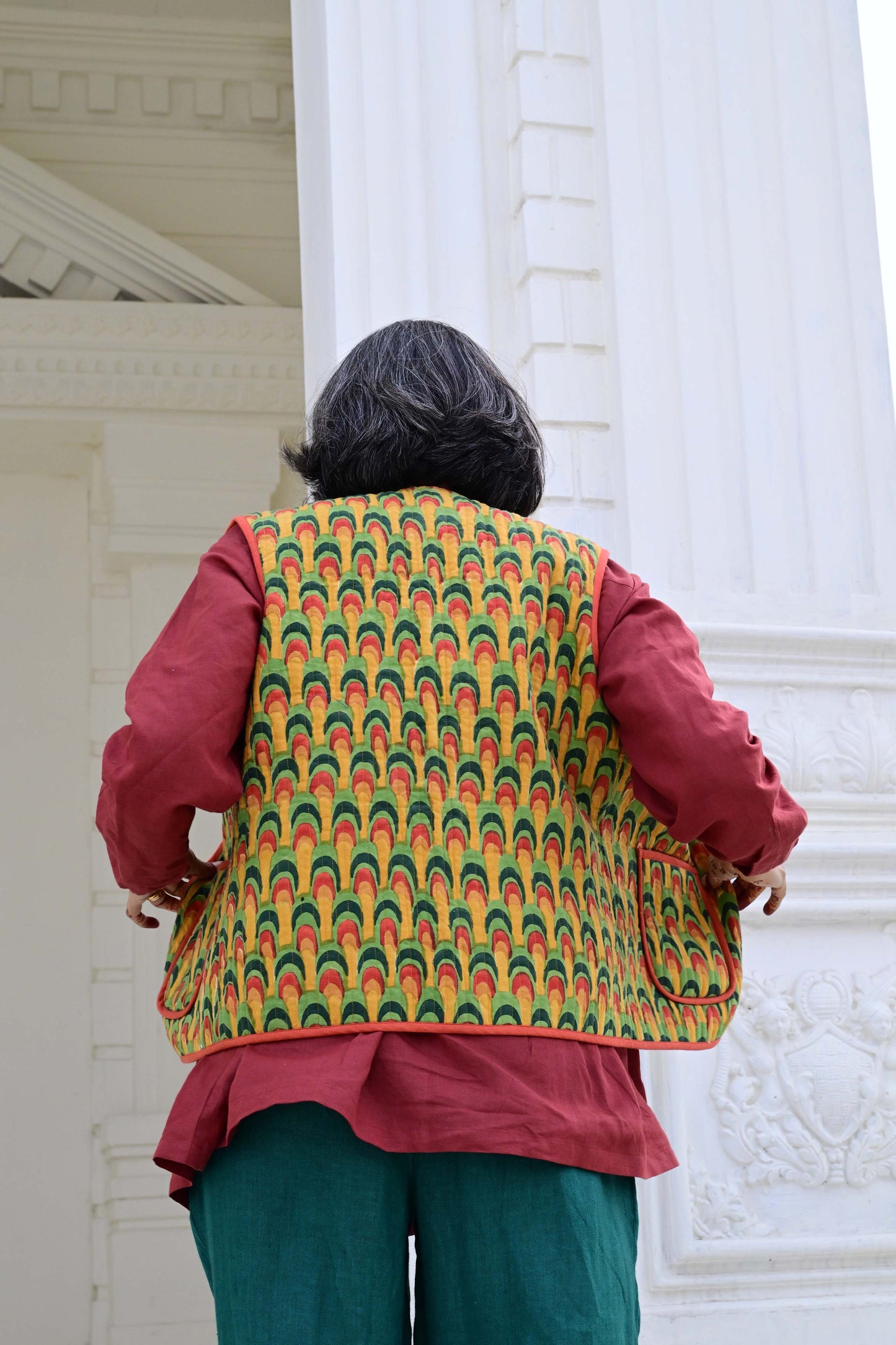 Quilted Reversible Waistcoat in 'Peacock Fan' & 'Rust'