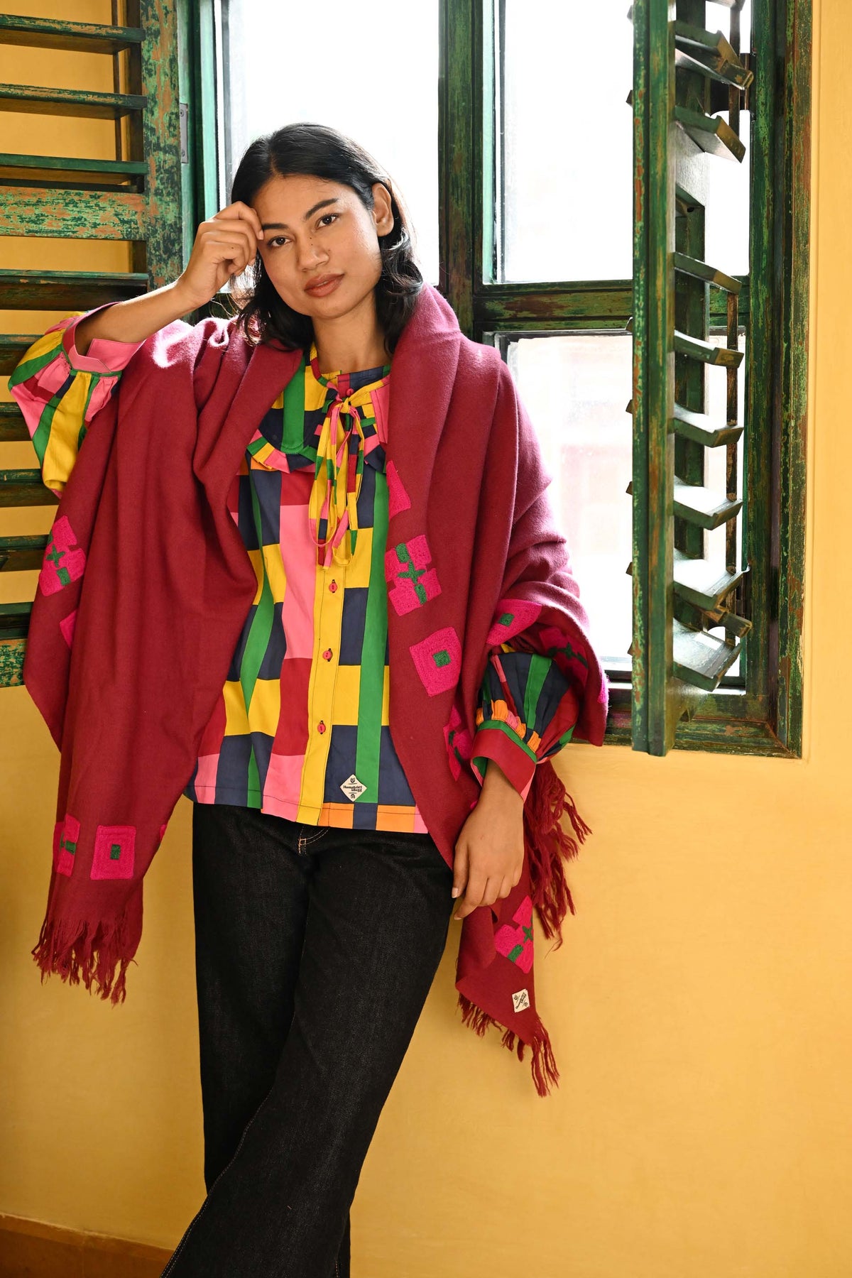 Wool Shawl in 'Plum Check'
