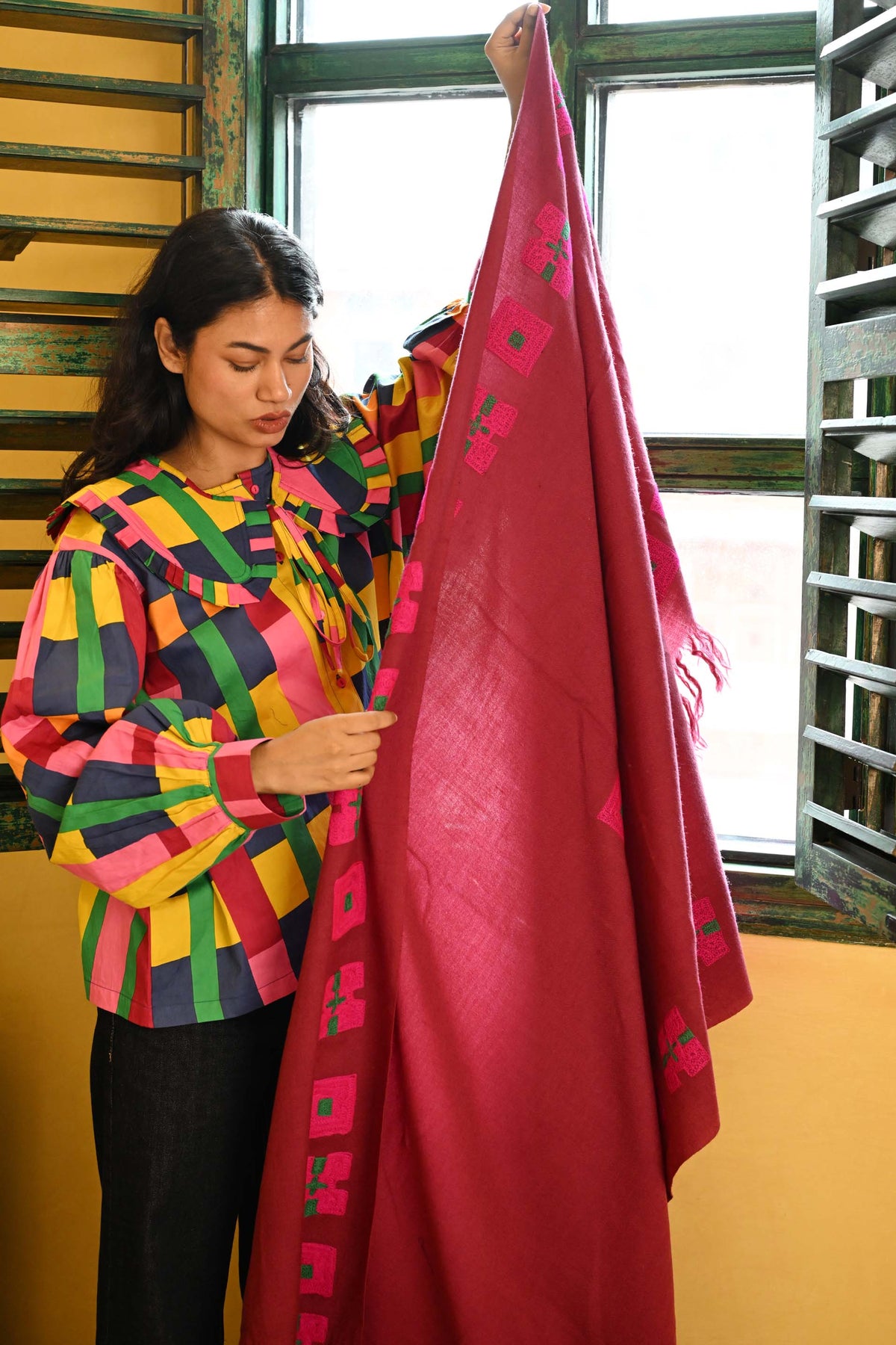 Wool Shawl in 'Plum Check'