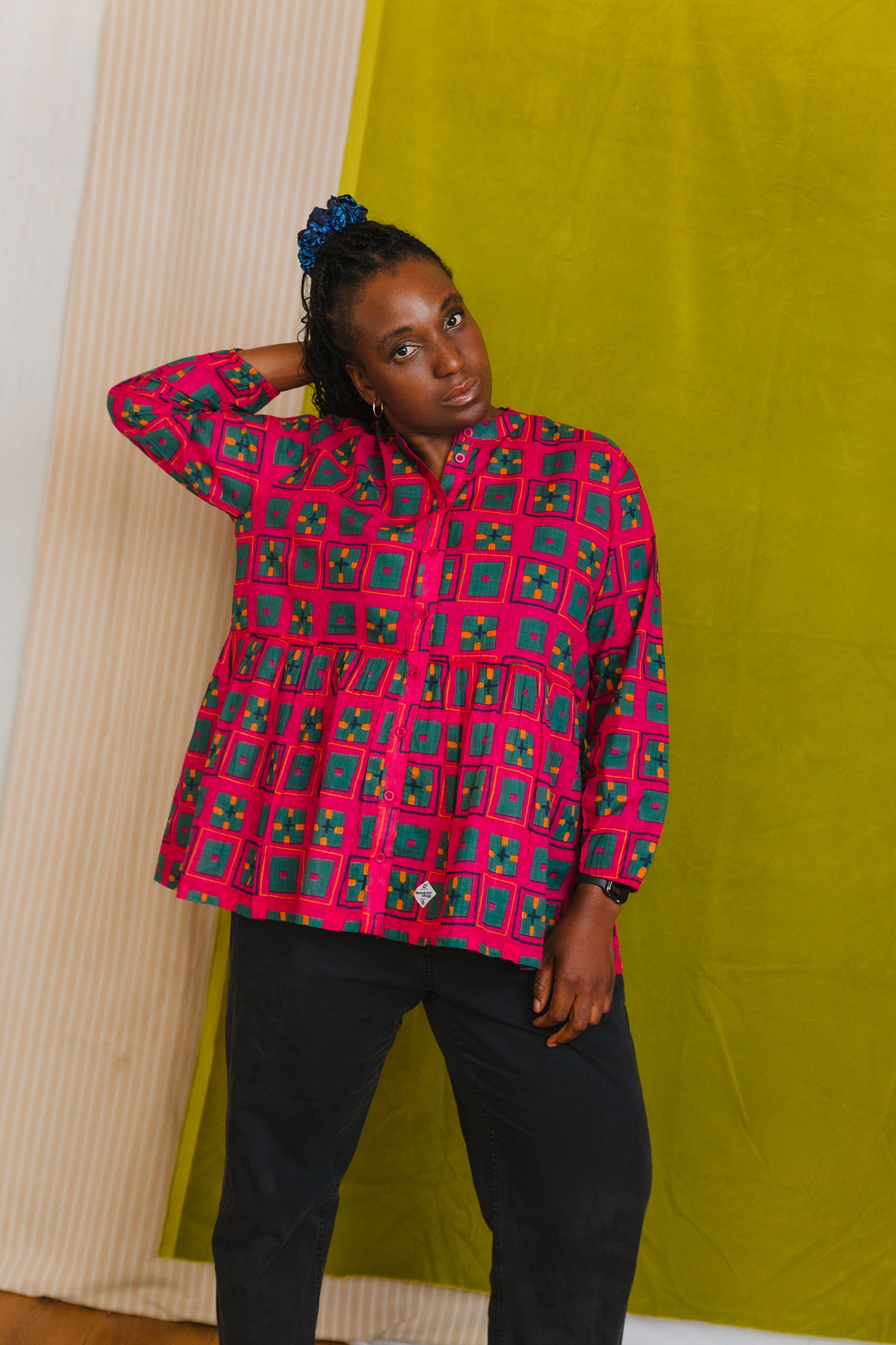 Cotton peplum blouse, pyjama top, daytime and night time, button front, indian collar sustainable fashion made in India