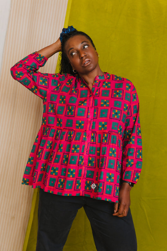 Cotton peplum blouse, pyjama top, daytime and night time, button front, indian collar sustainable fashion made in india