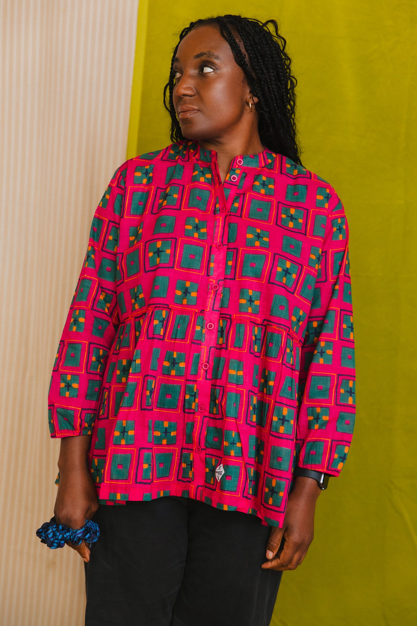 Cotton peplum blouse, pyjama top, daytime and night time, button front, indian collar sustainable fashion made in India