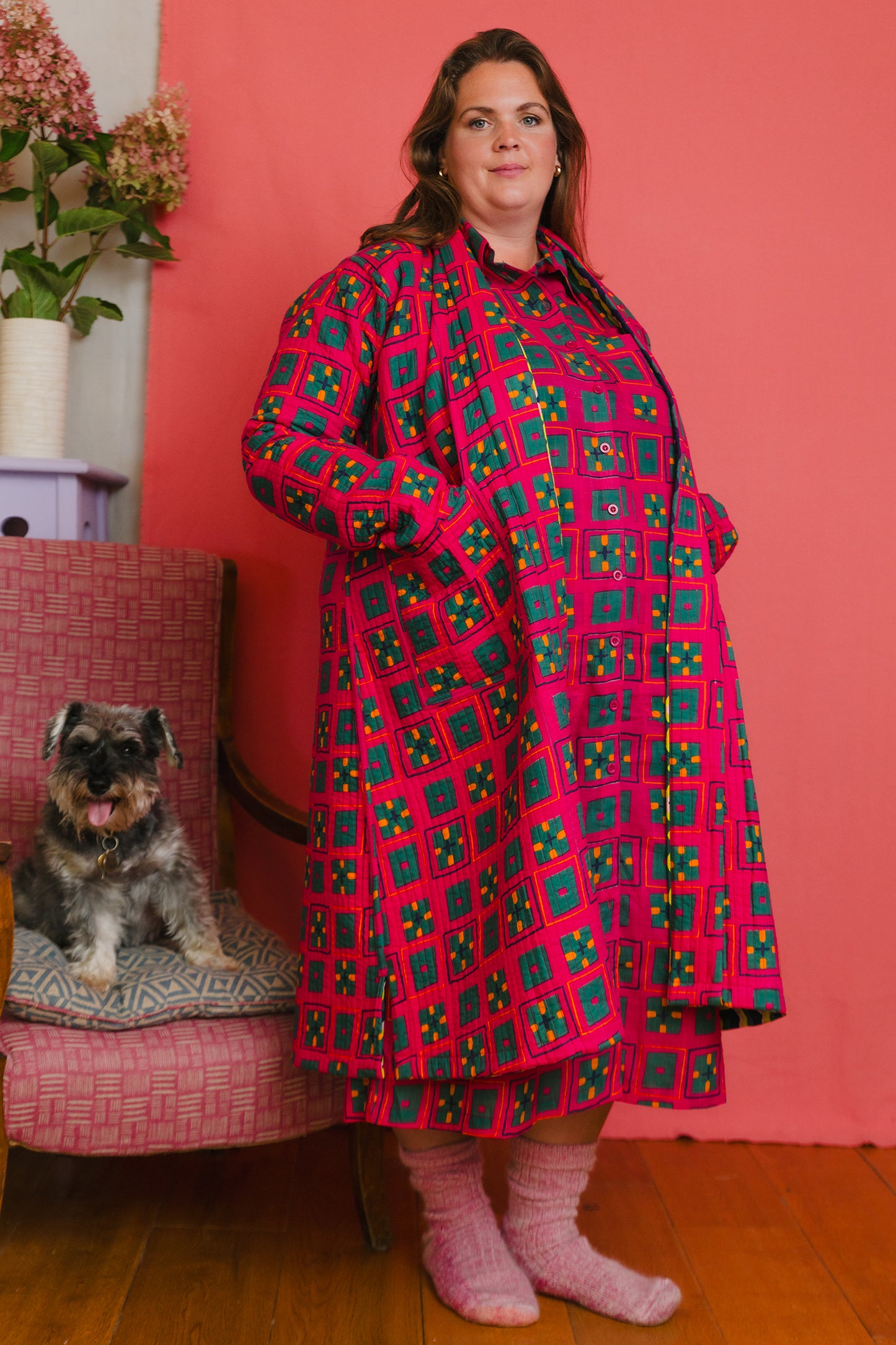 Quilted Housecoat in 'Distant Dream' & 'Splash of Orange'