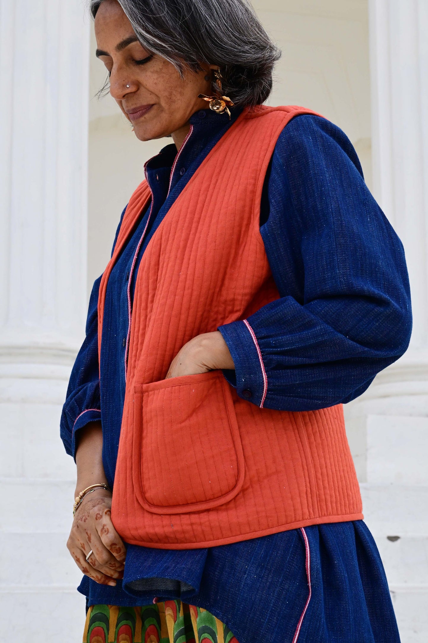 Quilted Reversible Waistcoat in 'Peacock Fan' & 'Rust'