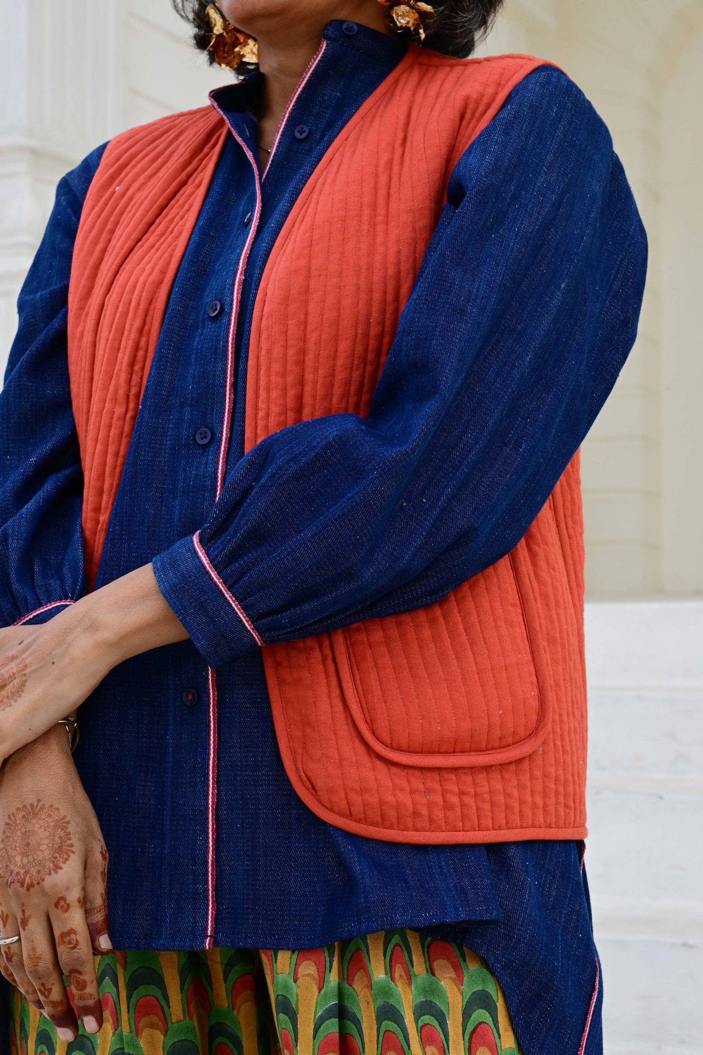 Quilted Reversible Waistcoat in 'Peacock Fan' & 'Rust'