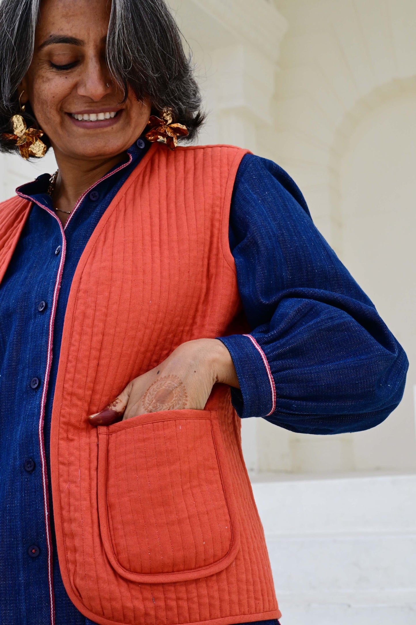 Quilted Reversible Waistcoat in 'Peacock Fan' & 'Rust'