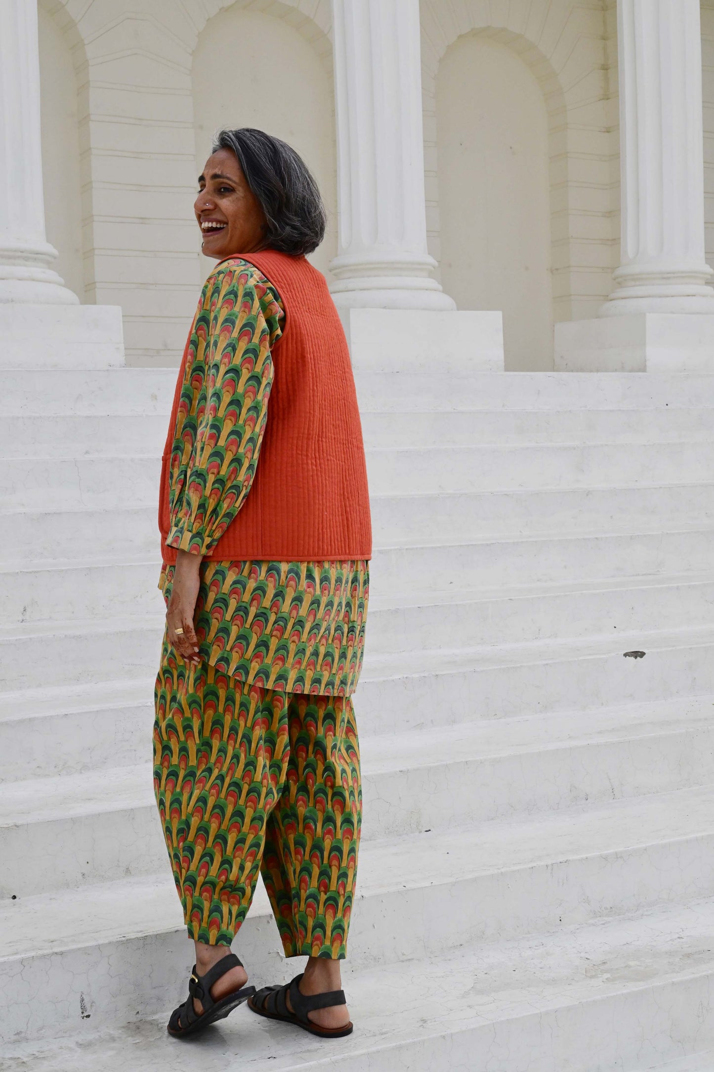 Quilted Reversible Waistcoat in 'Peacock Fan' & 'Rust'