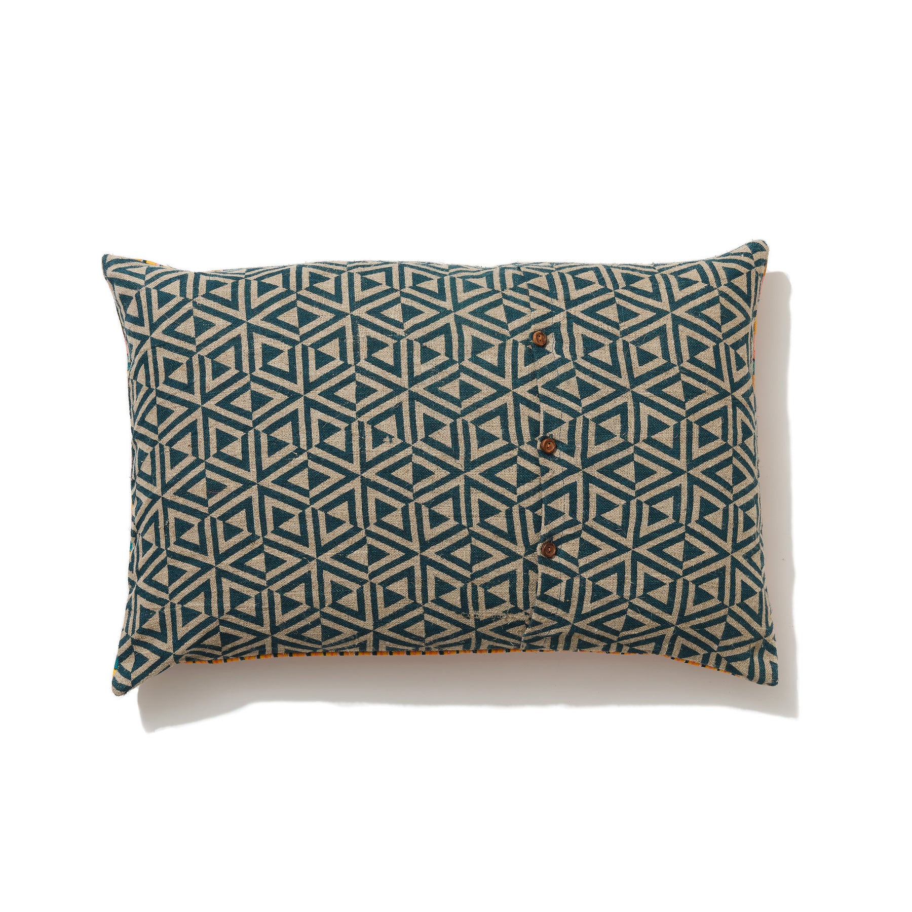 Rectangular teal honeycomb linen and row of soldiers cotton cushion 40 x 60cm