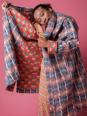 Unisex Quilted Housecoat in 'Stick of Rock' & 'Red Citrus Segment'