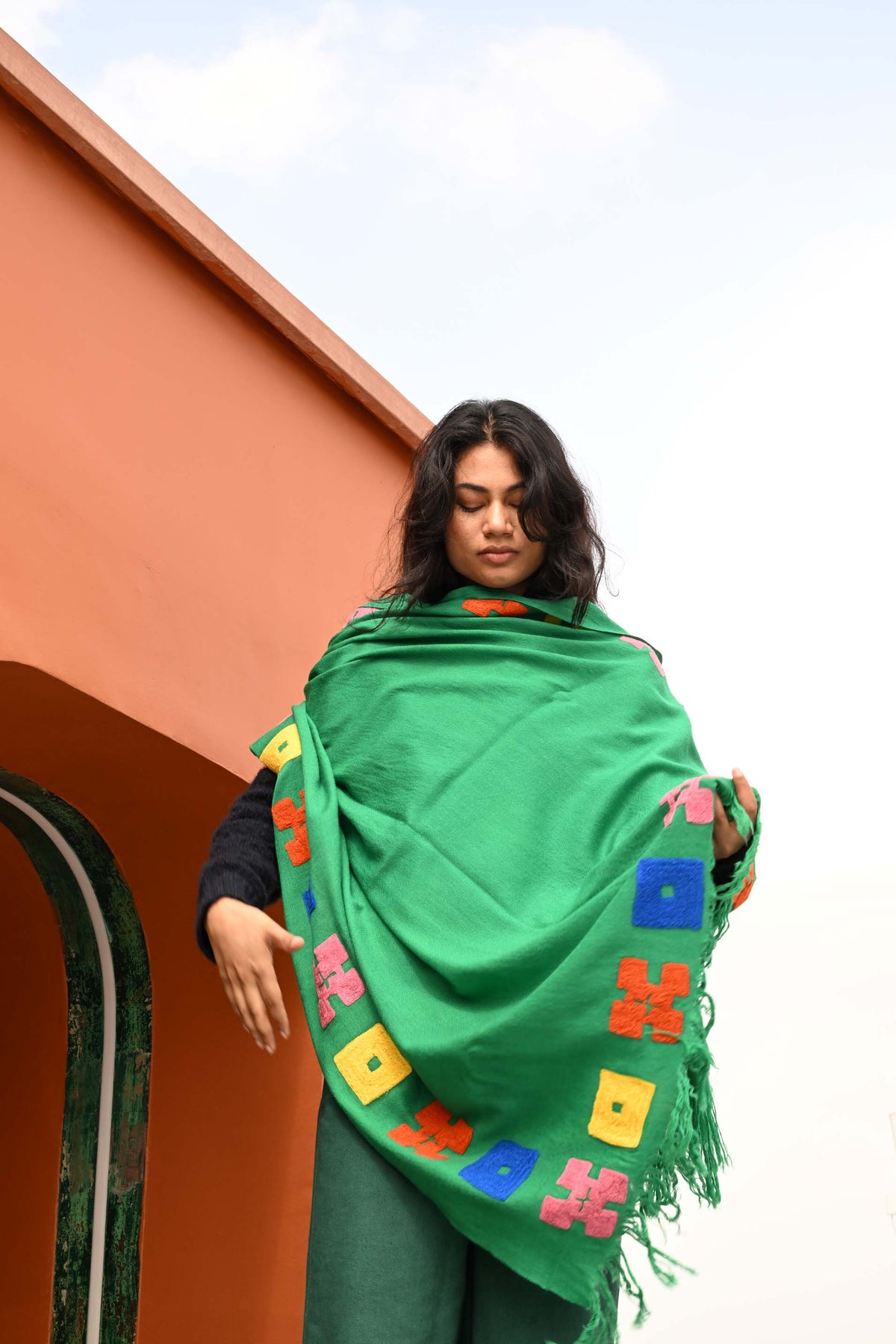 Wool Shawl in 'Green Bric a Brac'