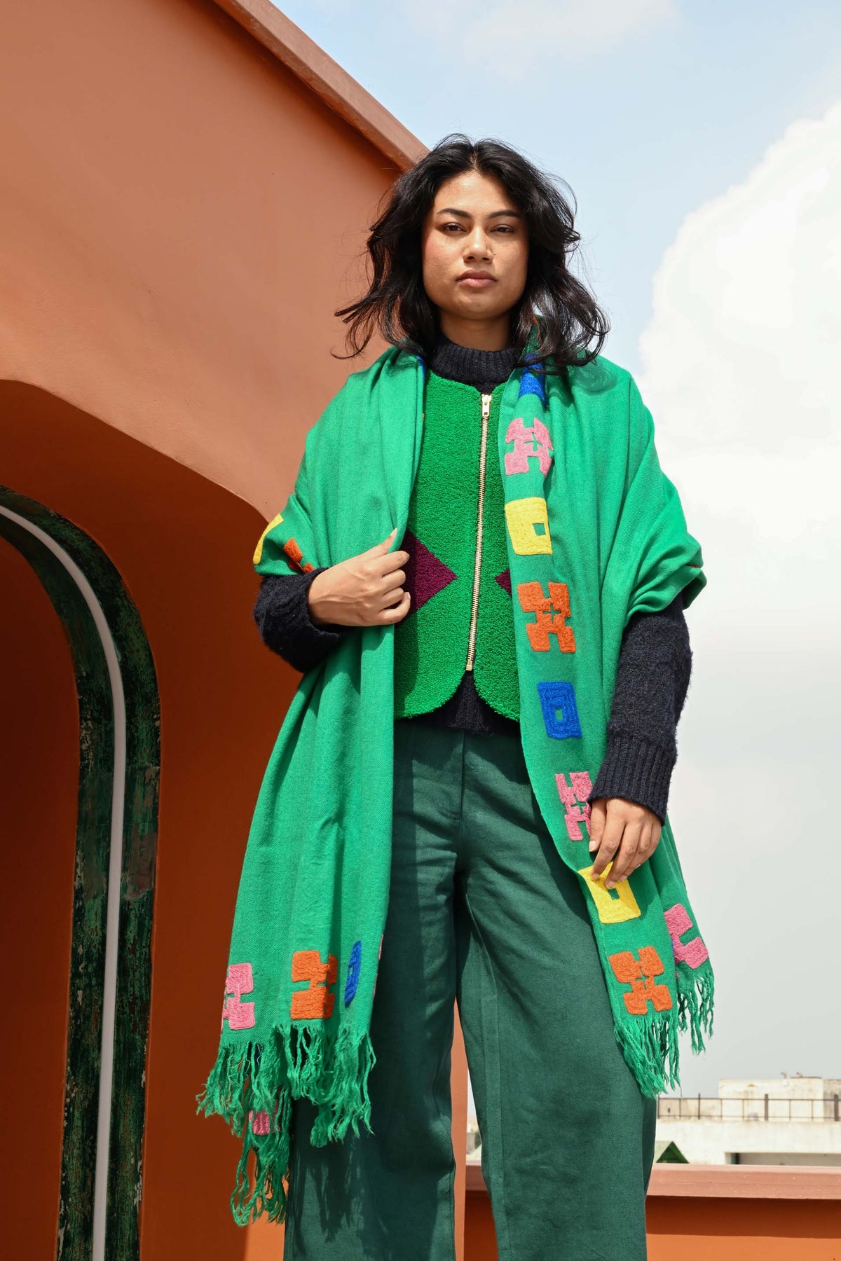 Wool Shawl in 'Green Bric a Brac'