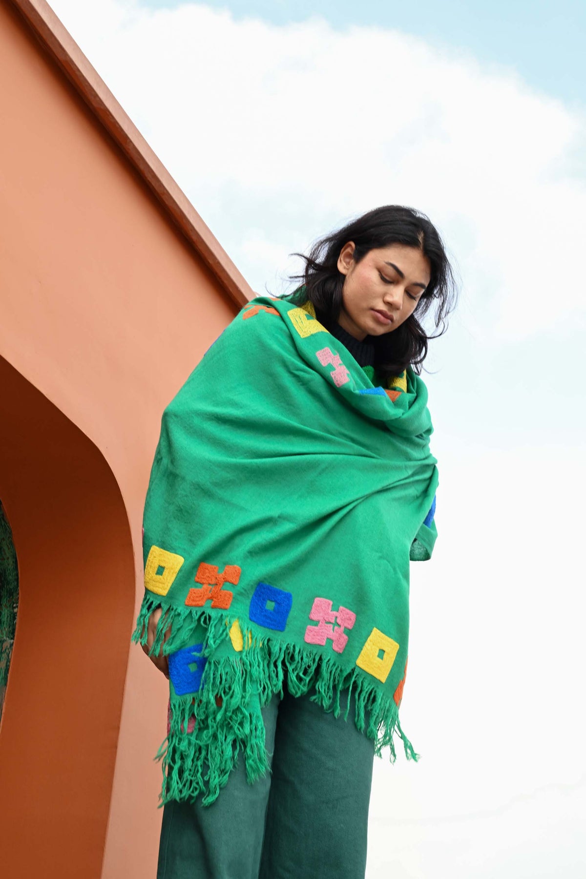 Wool Shawl in 'Green Bric a Brac'
