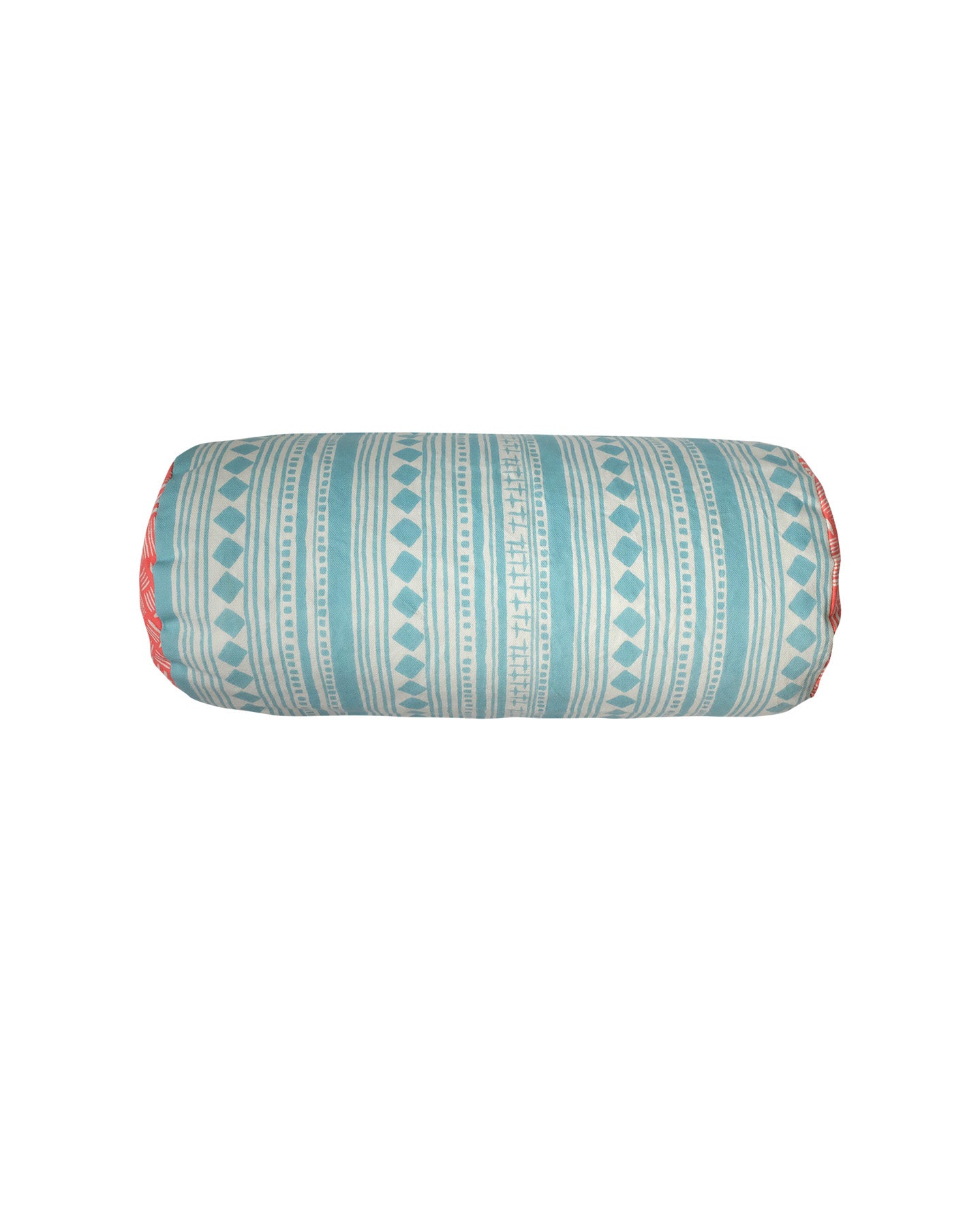 Aquamarine cabaret stripe and rose hash cotton short bolster 46 x 20cm-Humphries and Begg