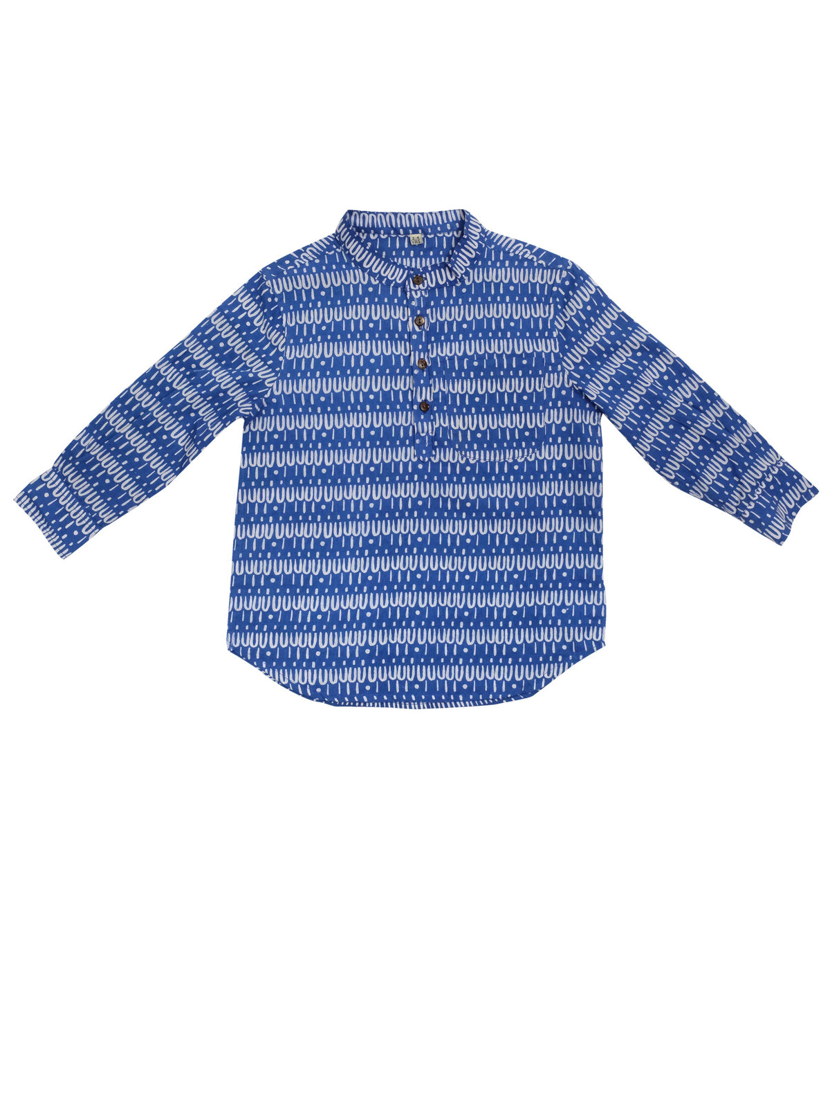 Indian collar kids shirt in Scallop on blue organic light cotton-Humphries and Begg