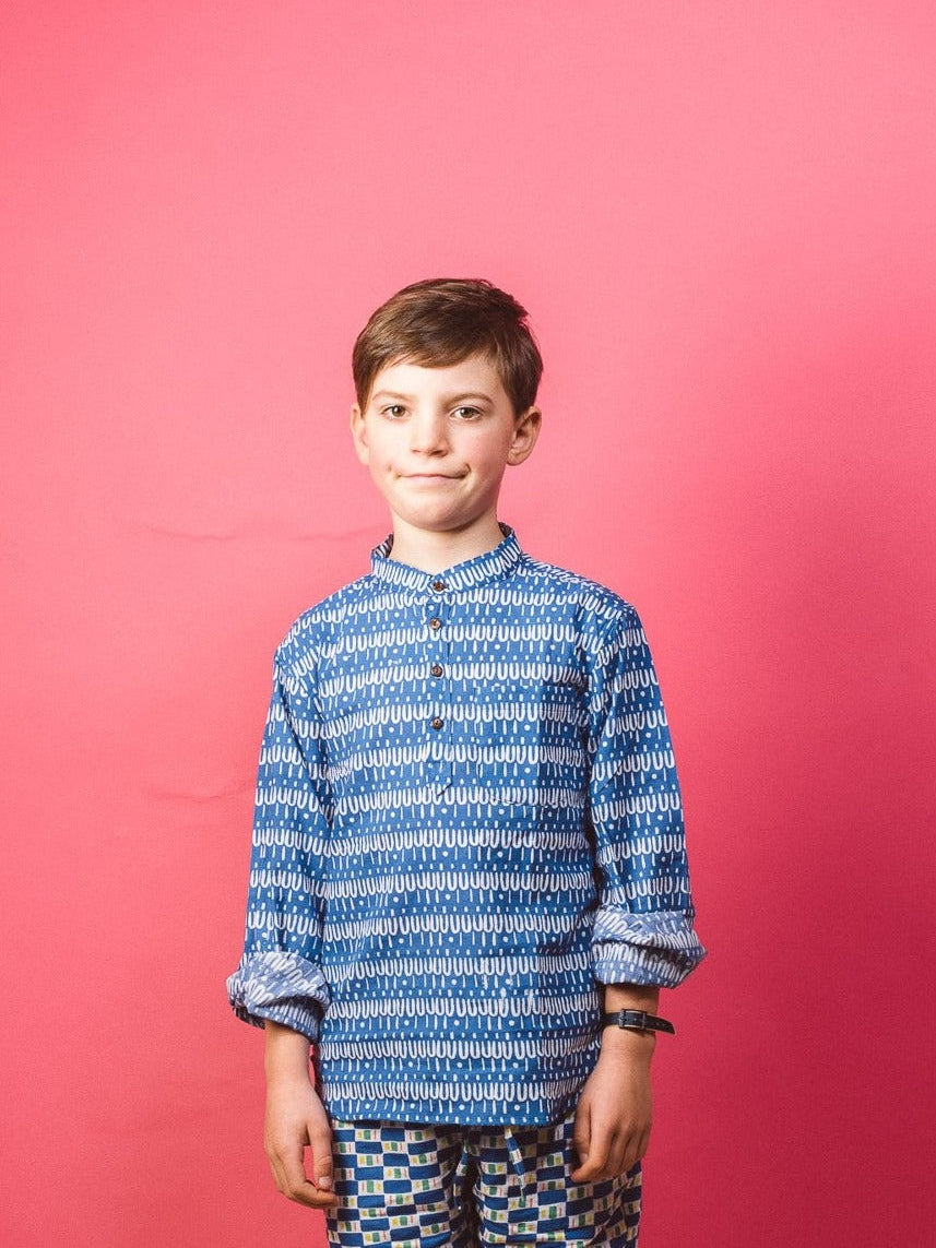 Indian collar kids shirt in Scallop on blue organic light cotton-Humphries and Begg