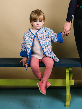 Kids organic cotton quilted Jacket in Hungry Bugs on Pink-Humphries and Begg